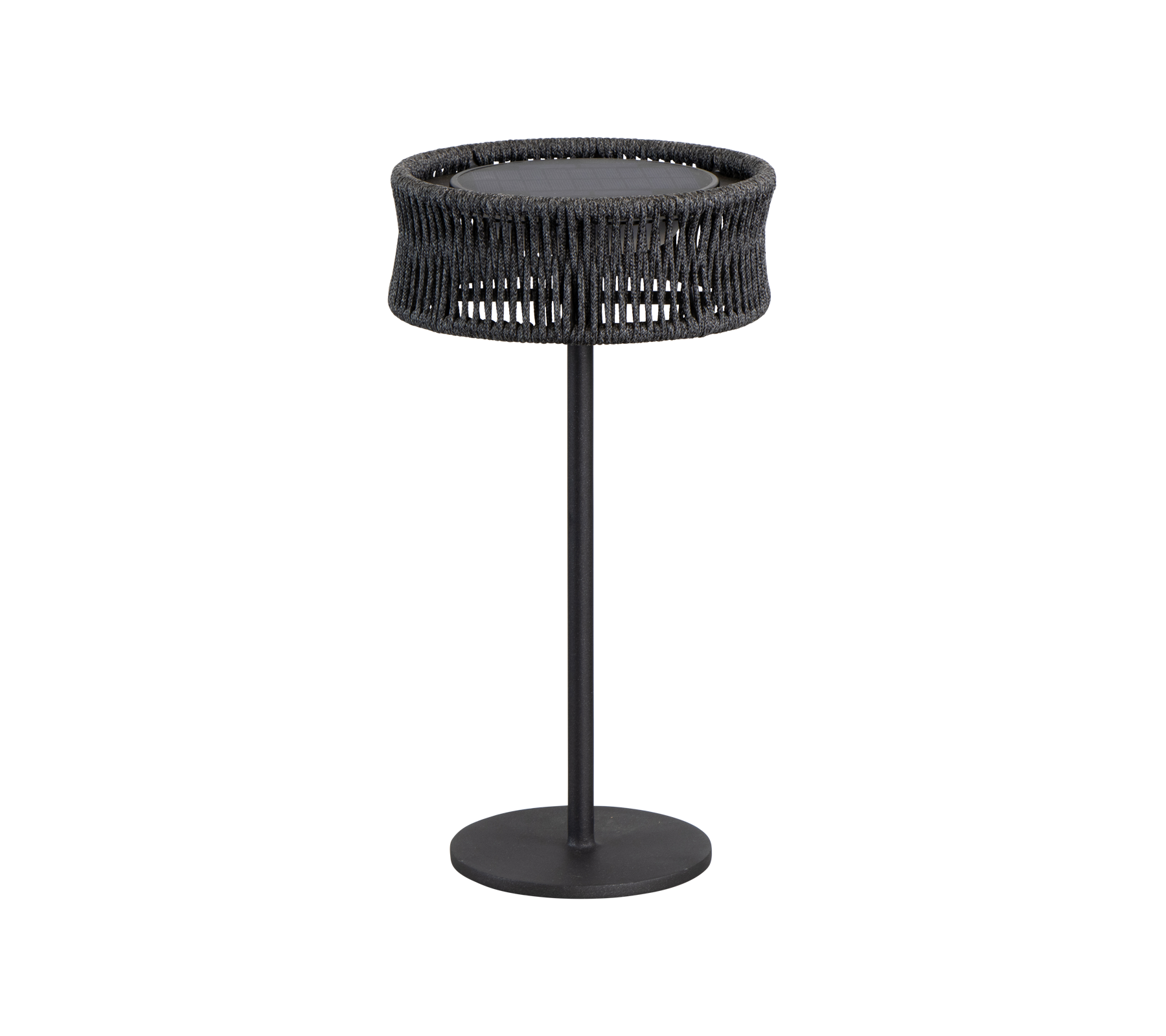 Een slank, modern tafel met een ronde top en een geweven textuur, ondersteund door een eenvoudige zwarte metalen basis.