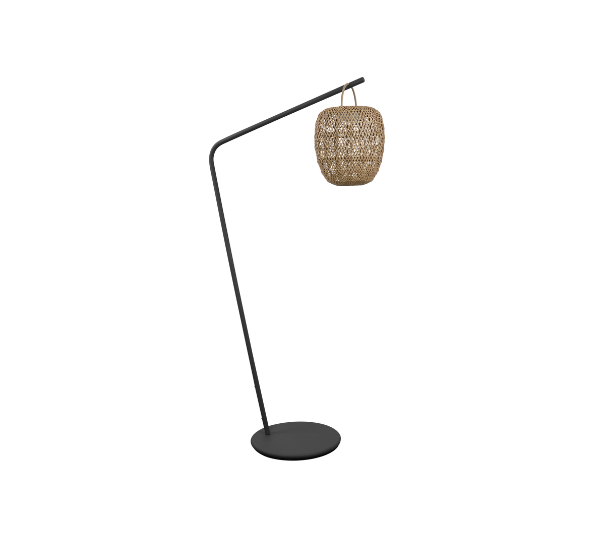 Een stijlvolle vloerlamp met een gebogen ontwerp en een geweven kap, perfect om een moderne touch aan je ruimte toe te voegen.