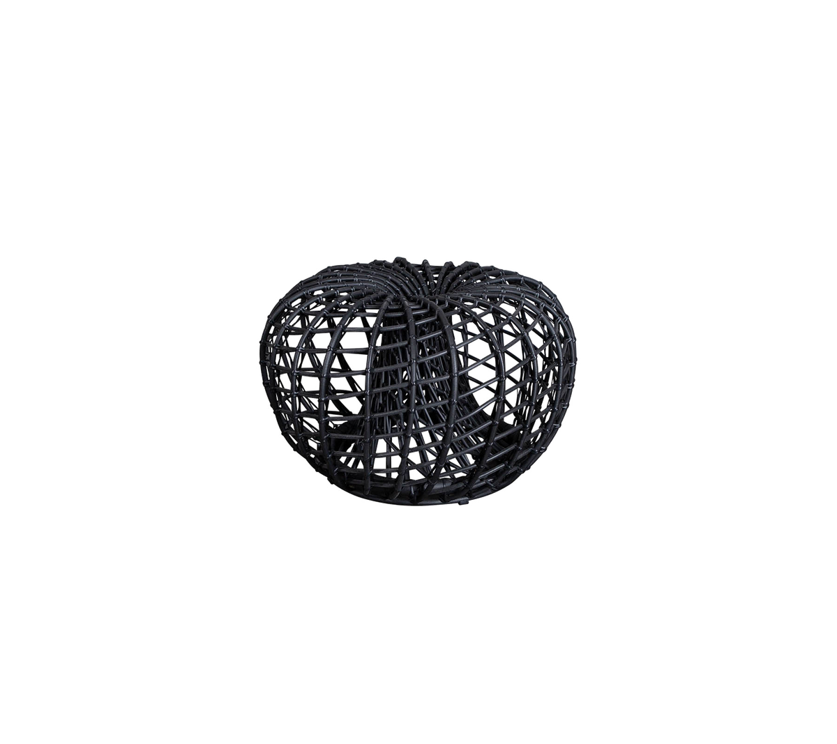 Zwarte decoratieve gevlochten mand met een rond, open ontwerp, perfect voor het opbergen van spullen of het verbeteren van de decoratie.