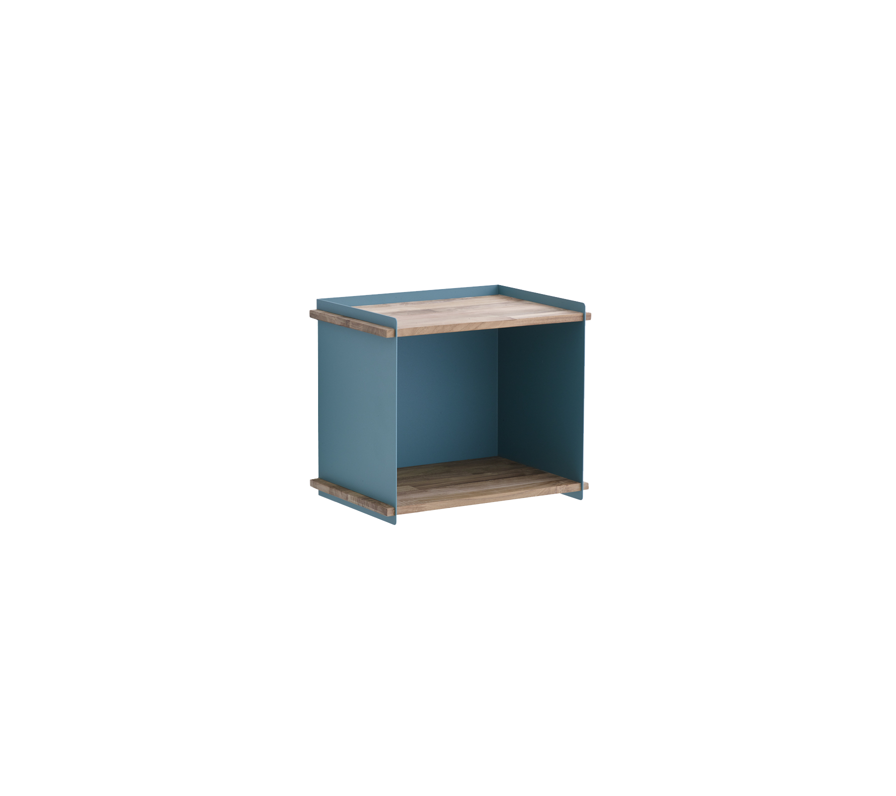 Compacte, moderne opbergeleenheid met een natuurlijke houten top en blauwe zijkanten, ideaal voor het organiseren van kleine items of als decoratieve display.