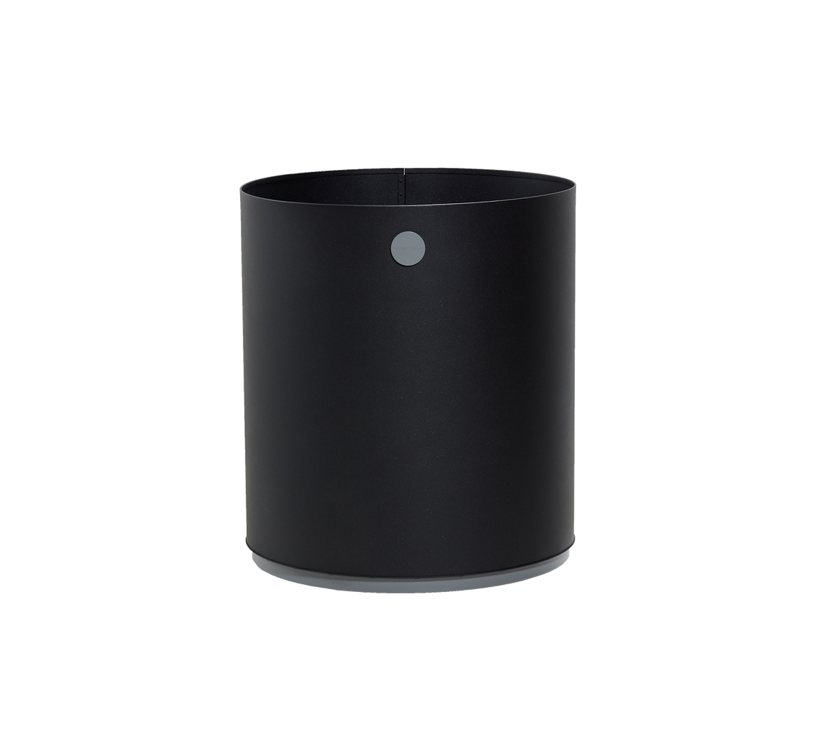 Zwarte cilindrische container met een gladde matte afwerking en een klein rond detail aan de zijkant, ideaal voor verschillende opbergbehoeften.