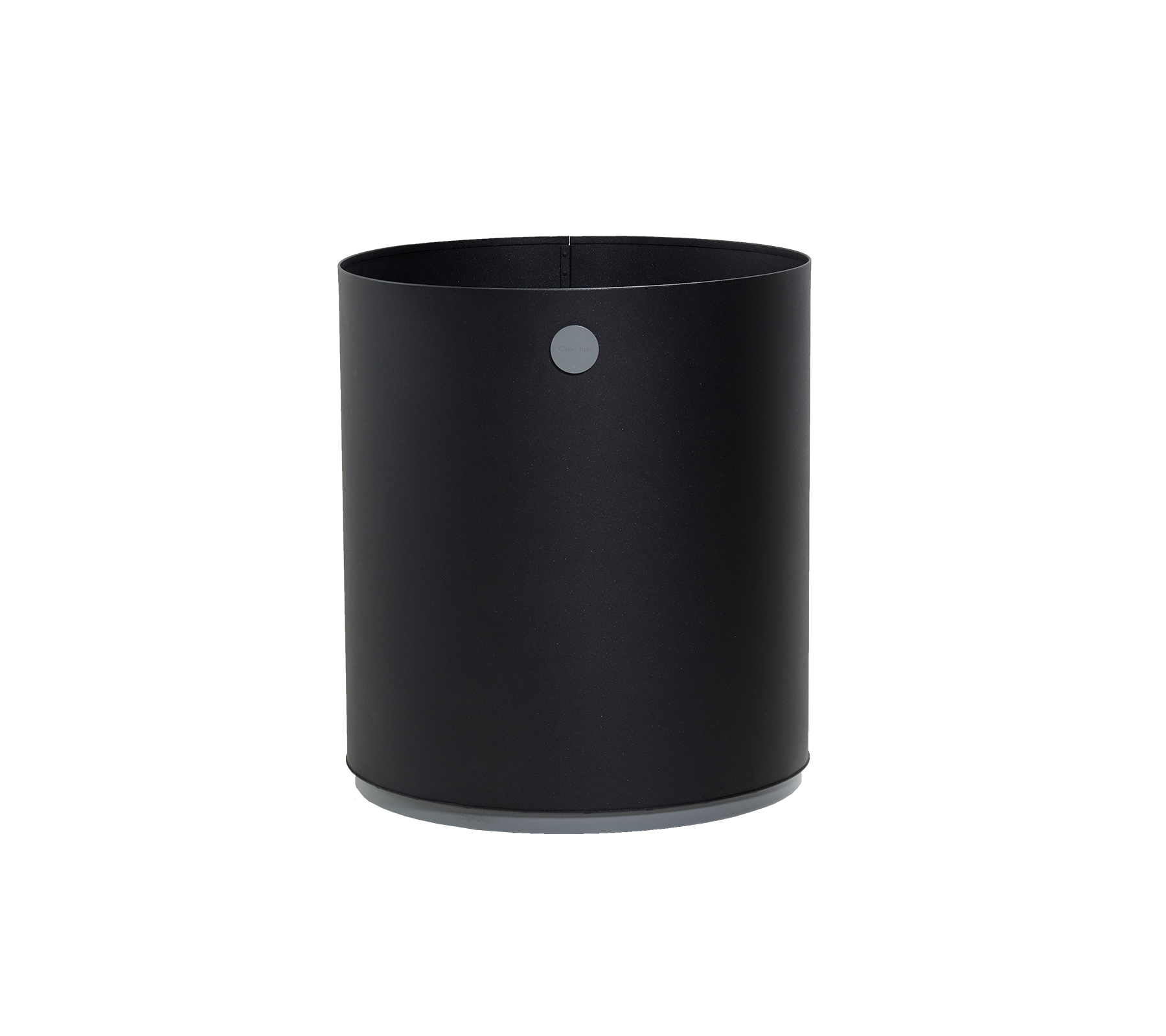 Zwarte cilindrische container met een gladde matte afwerking en een klein rond detail aan de zijkant, ideaal voor verschillende opbergbehoeften.