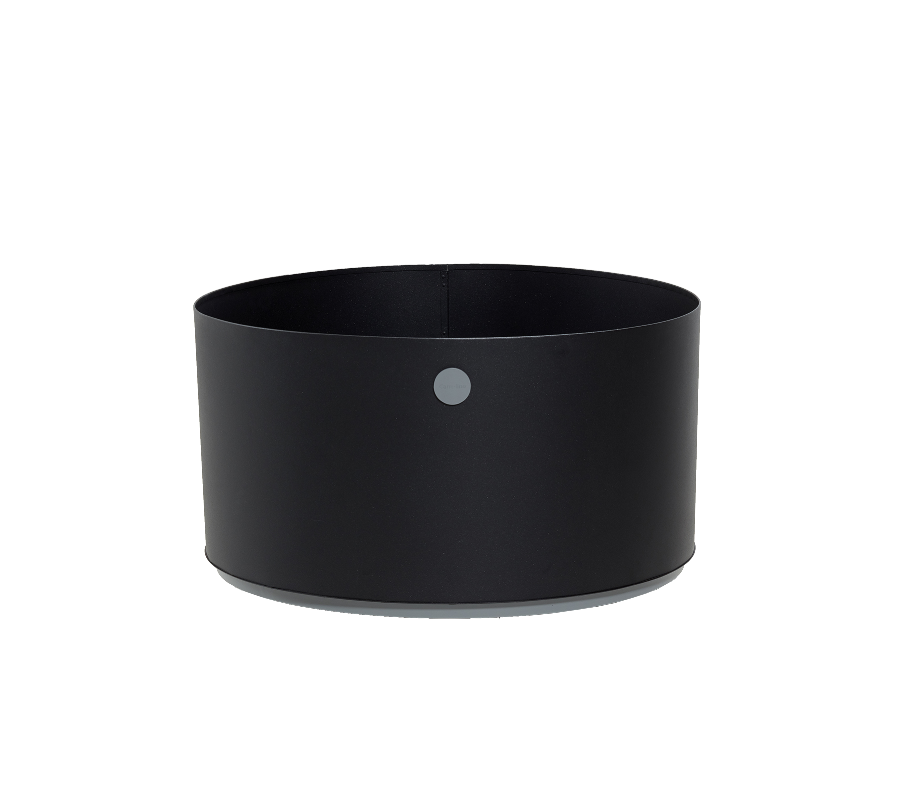Ronde zwarte container met een minimalistisch ontwerp en een kleine grijze stip als accent. Perfect voor veelzijdige opslag- en organisatienoden.