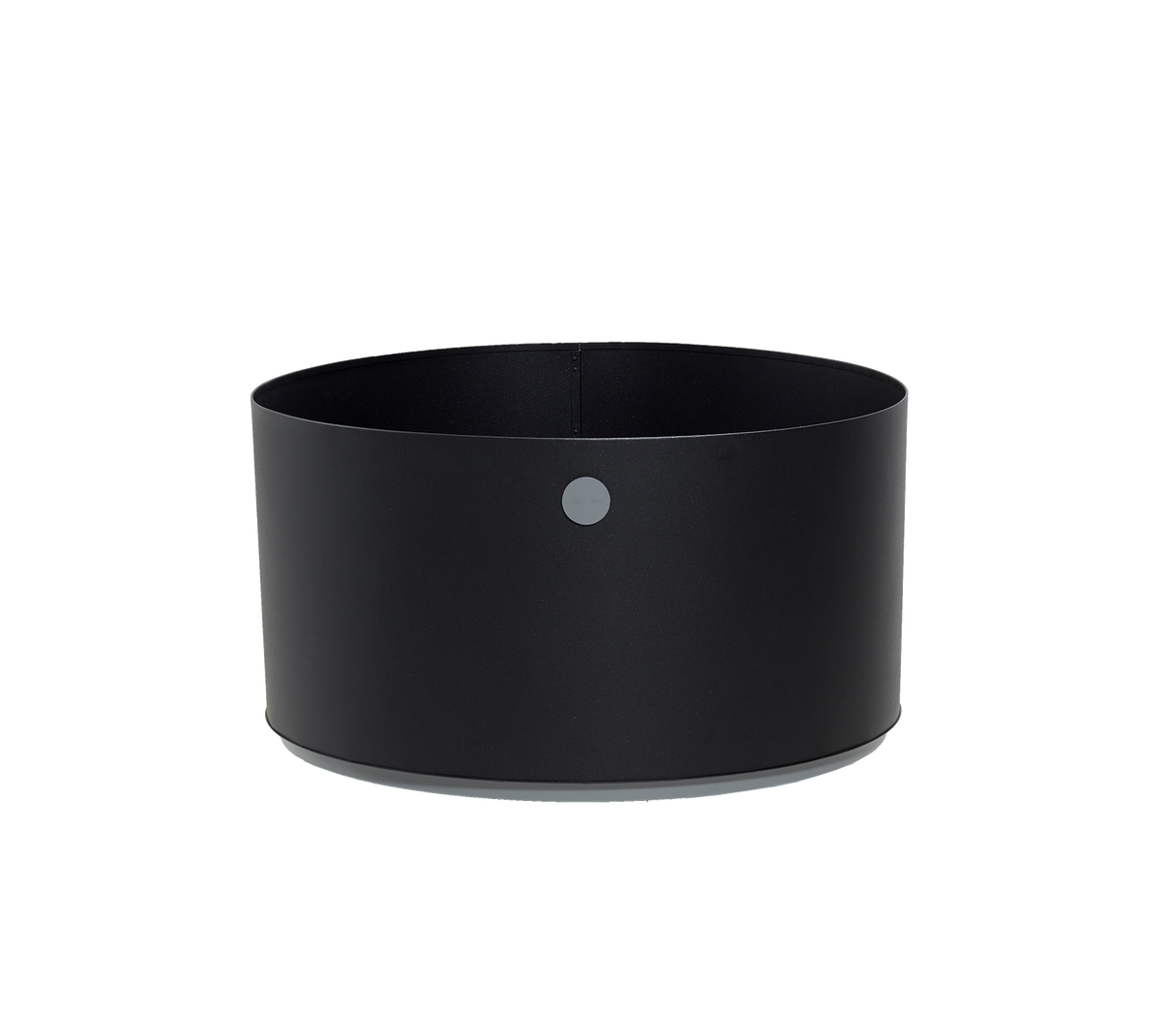 Ronde zwarte container met een minimalistisch ontwerp en een kleine grijze stip als accent. Perfect voor veelzijdige opslag- en organisatienoden.
