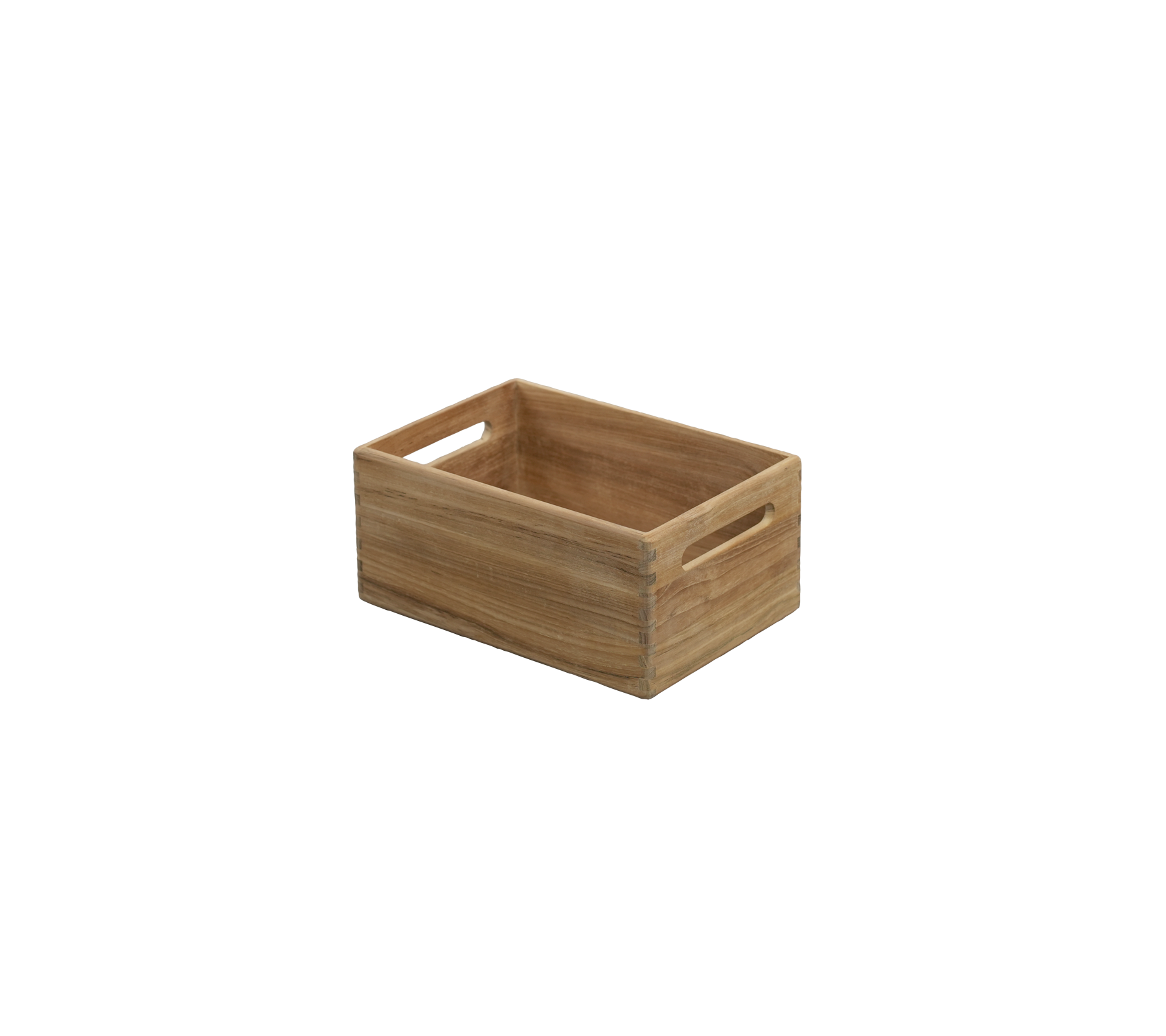 Teakhouten kist met uitsparingen voor handvatten.