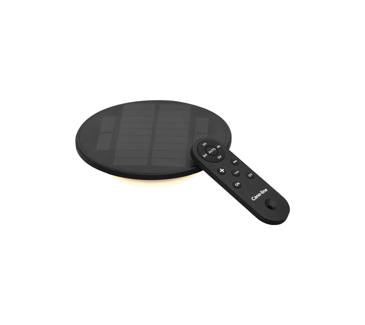 Zwart zonne-energie LED-lamp met een ronde vorm en een afstandsbediening voor instelbare instellingen.