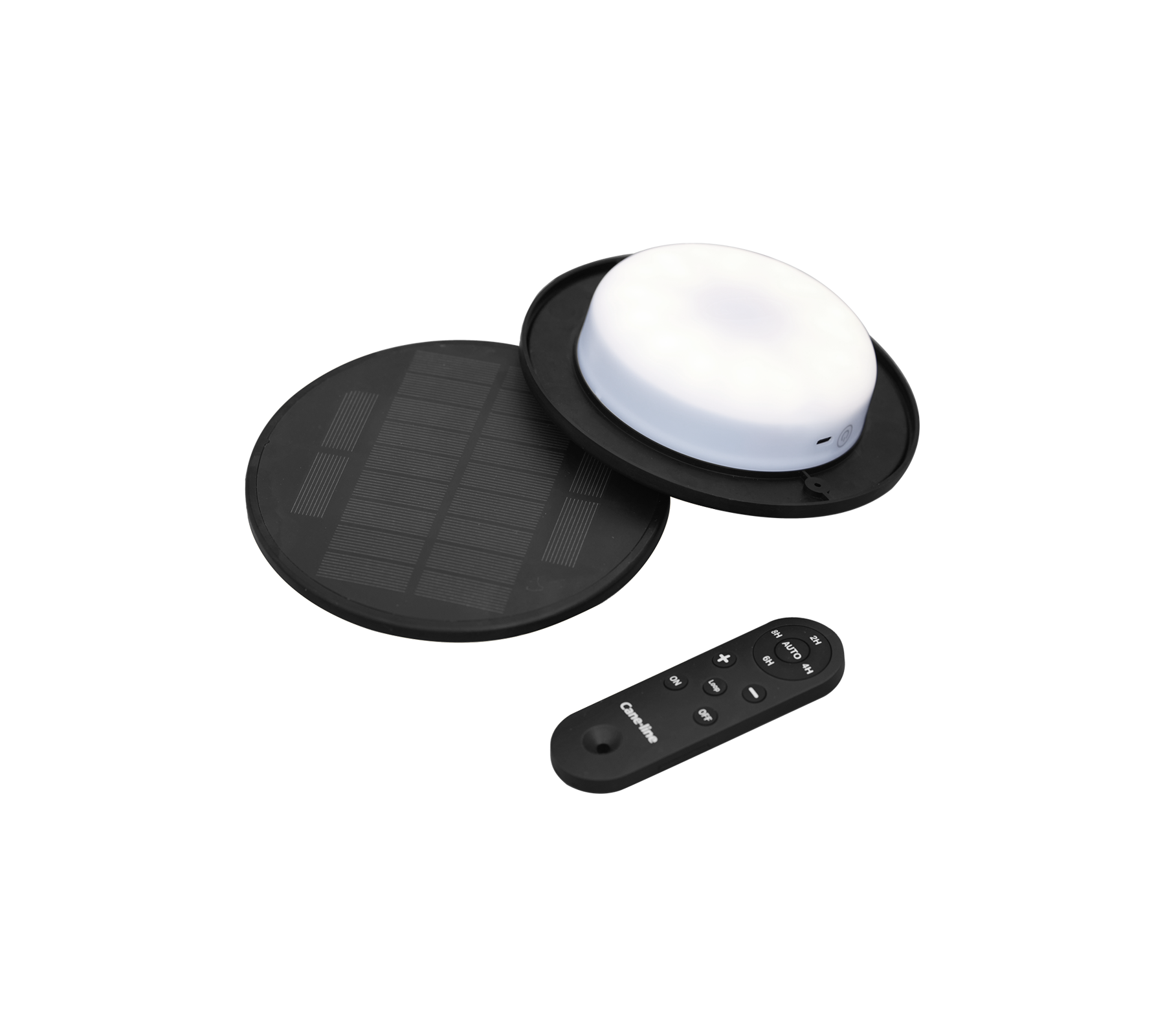 Zonne-energie LED-lamp met een ronde witte lamp, een zwart zonnepaneel en een afstandsbediening voor bediening.