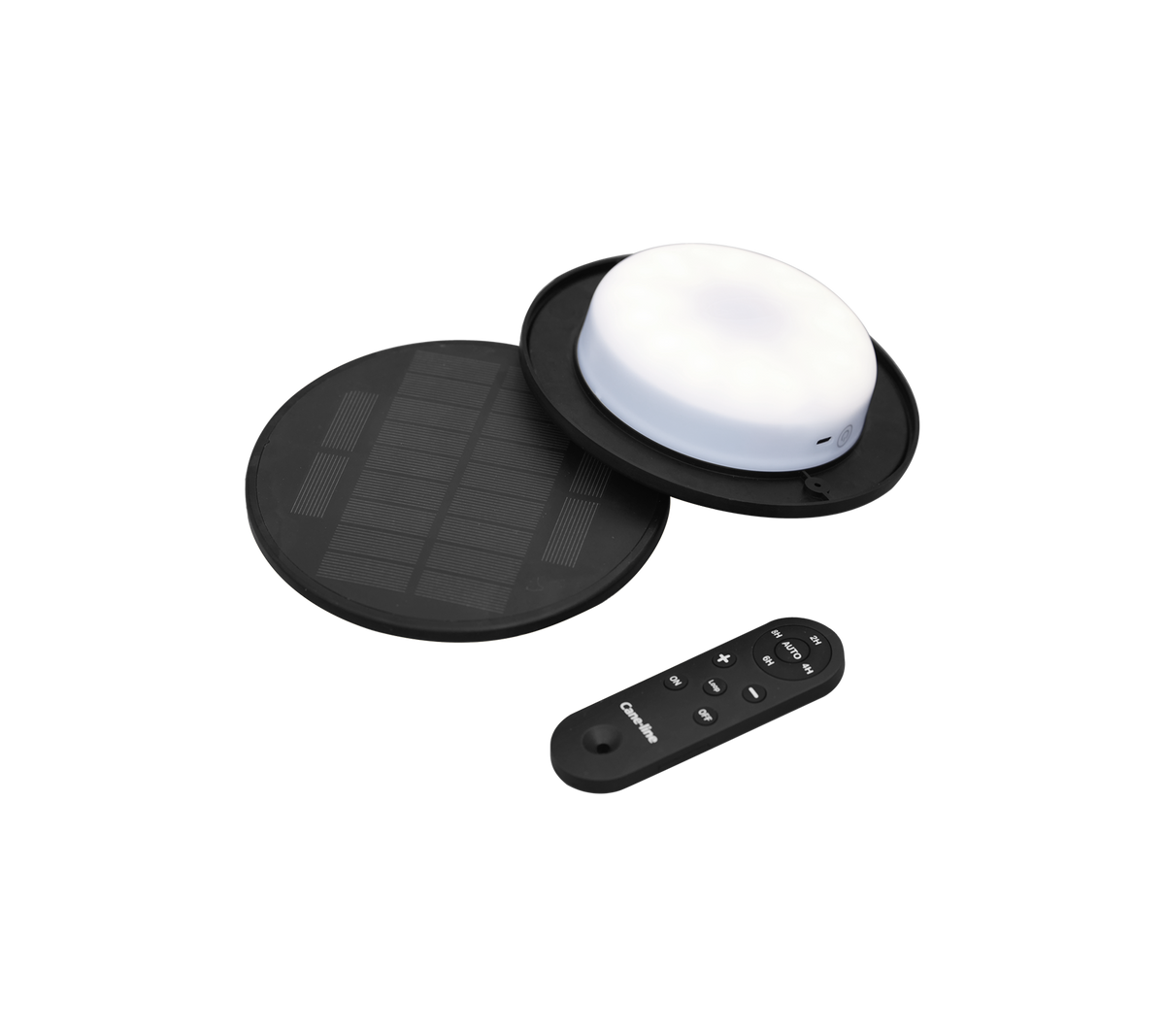 Zonne-energie LED-lamp met een ronde witte lamp, een zwart zonnepaneel en een afstandsbediening voor bediening.