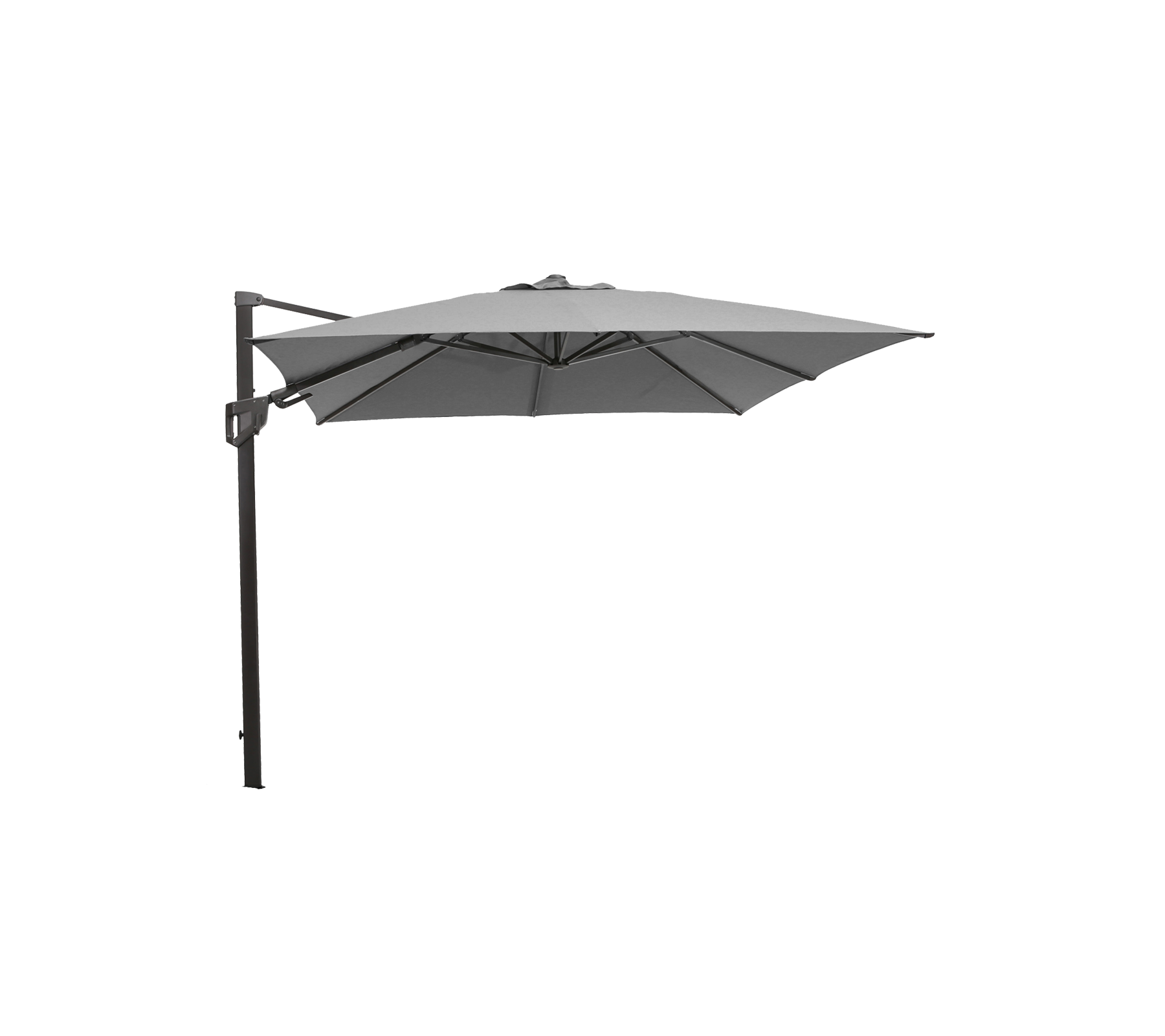 Een moderne, vrijhangende parasol met een grijze kap en een stevige zwarte paal. Ideaal voor het bieden van schaduw in buitenruimtes.