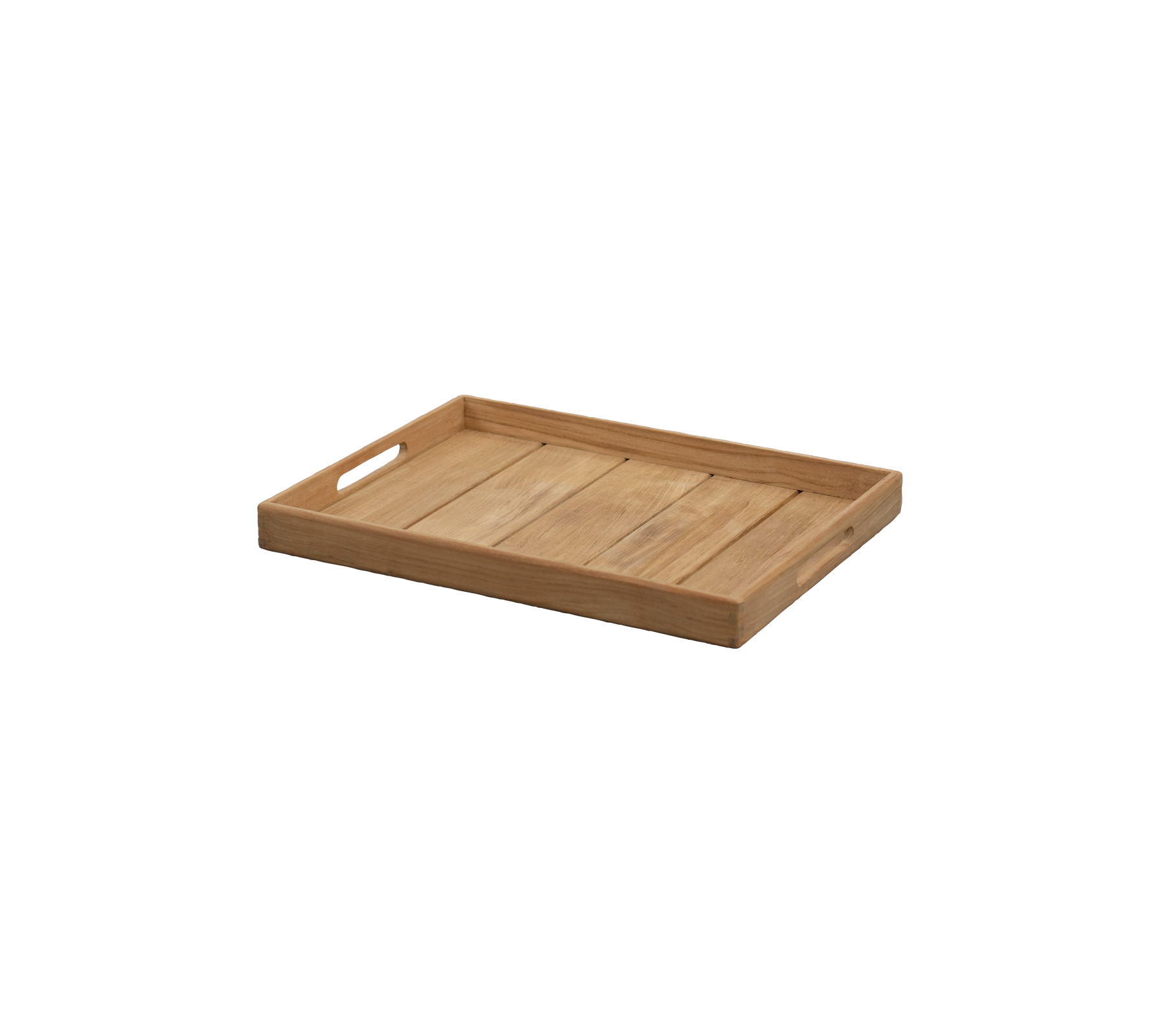 Teak dienblad met uitgesneden handvatten en een eenvoudig design.