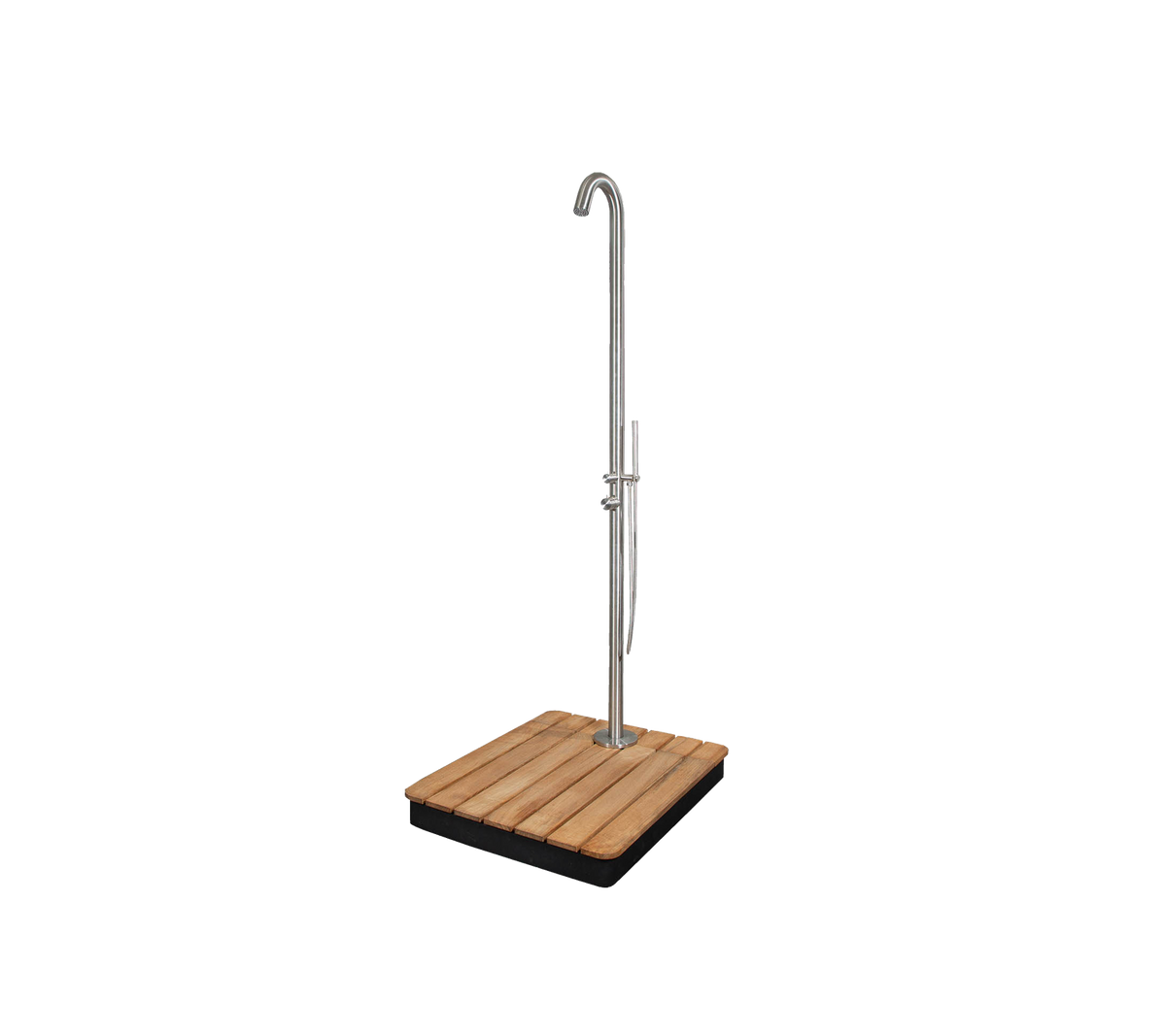 Stijlvolle buitendouche met een slank ontwerp, voorzien van een stevige basis en een hoge, gebogen douchekop voor een elegante uitstraling.