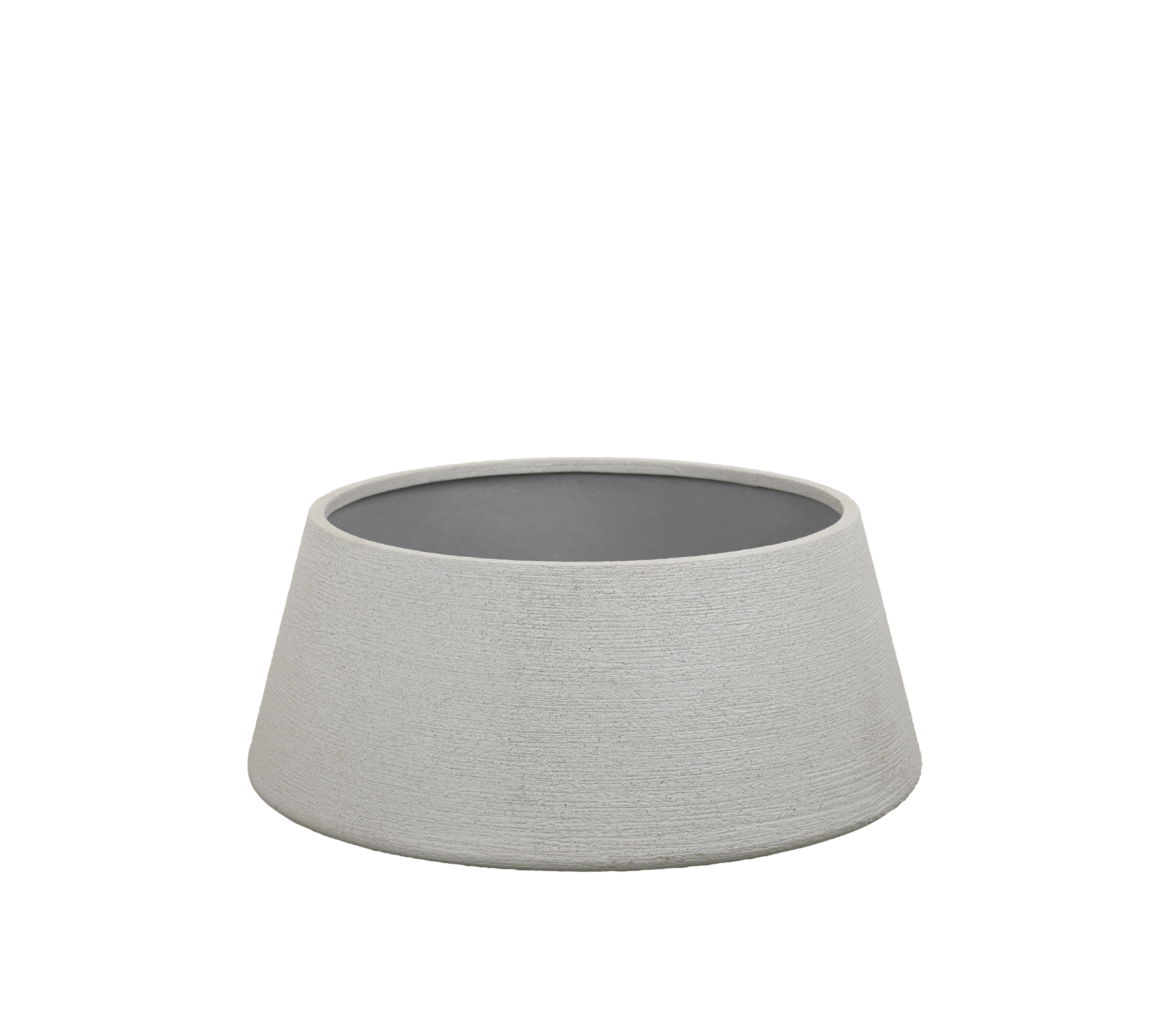 Grijze kom met een gestructureerde buitenkant en een donkere binnenkant.
