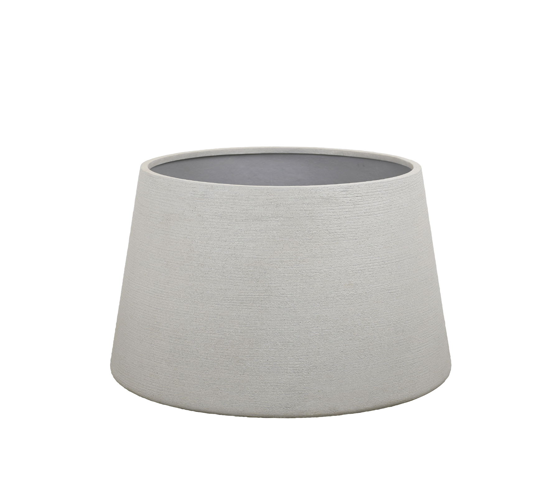 Grijze plantenpot met modern design, met een taps toelopende vorm.