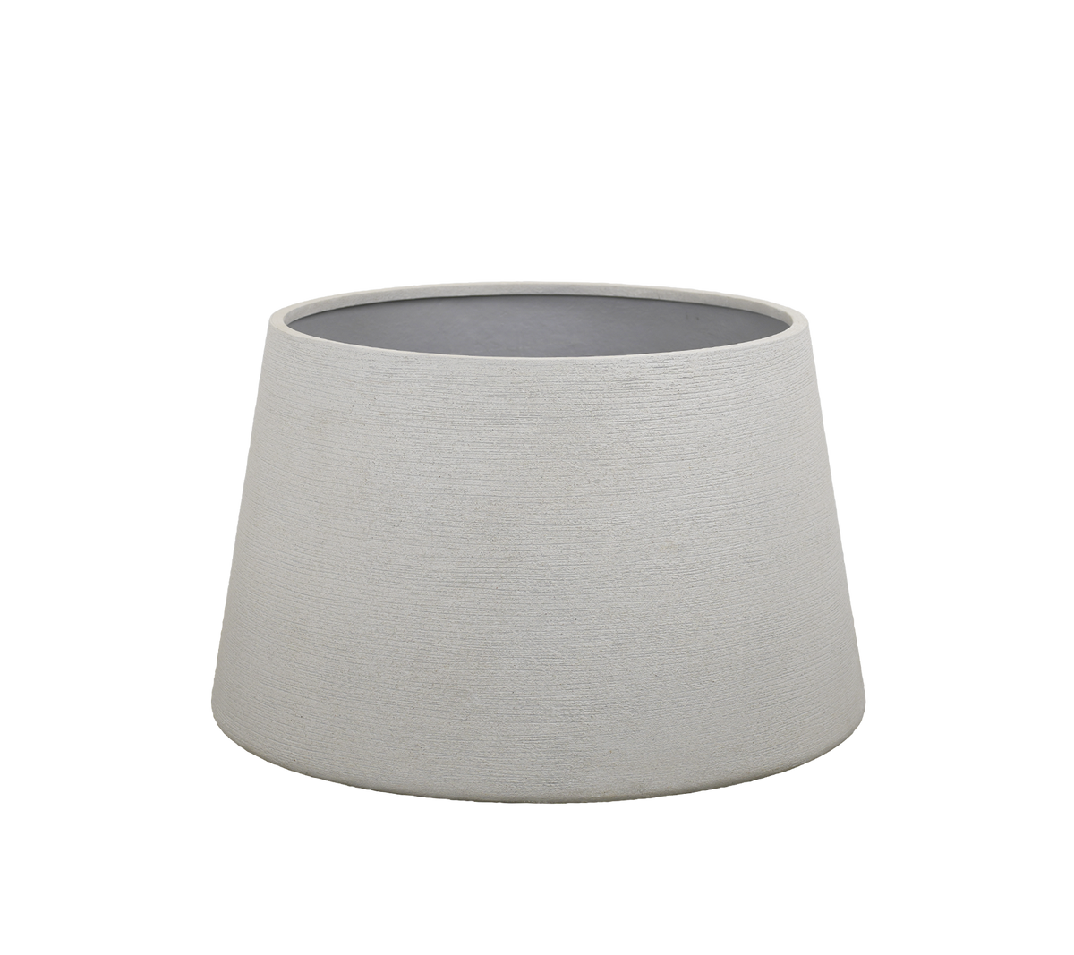 Grijze plantenpot met modern design, met een taps toelopende vorm.