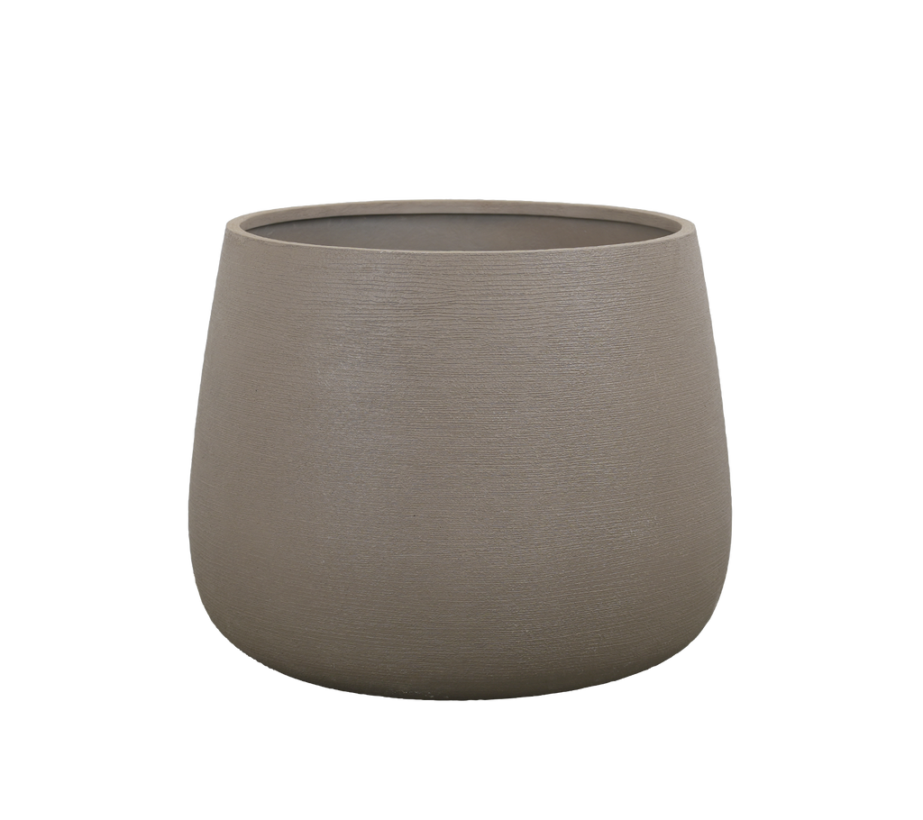 Ronde taupe plantenpot met een gladde afwerking.