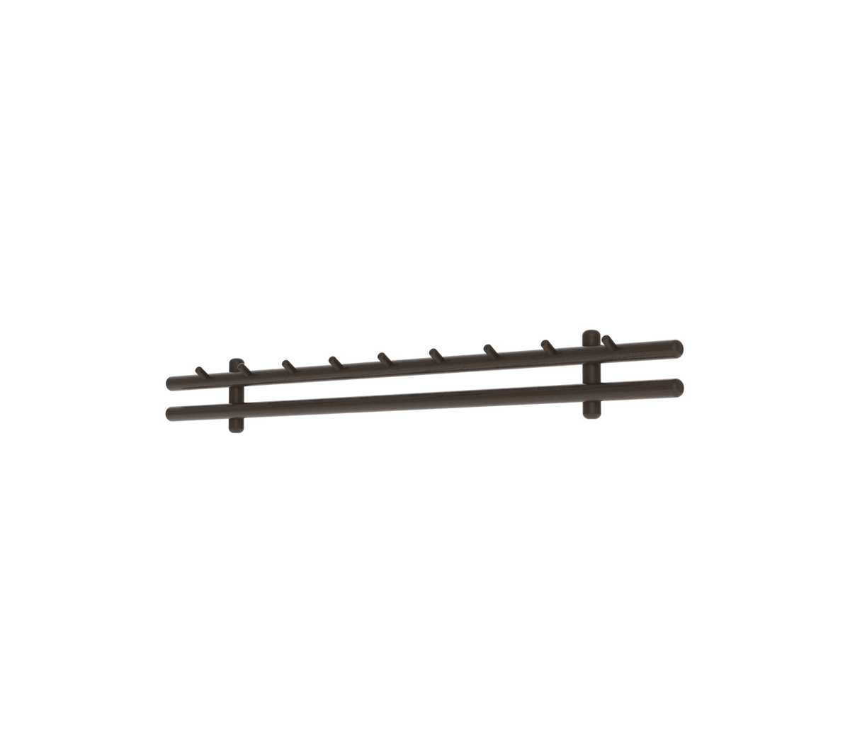 Donkergekleurde, multi-haak rek ideaal voor het ophangen van voorwerpen, met gelijkmatig verdeelde haken voor functionaliteit en organisatie.