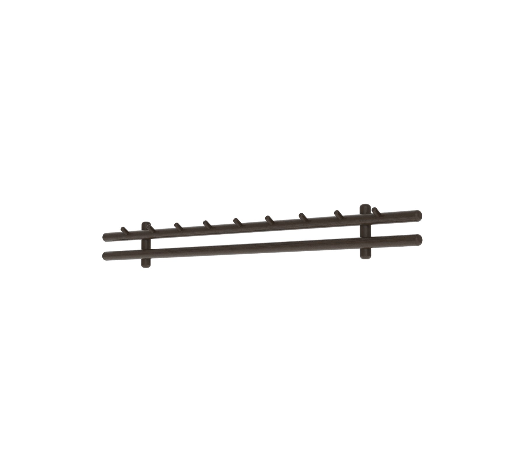 Donkergekleurde, multi-haak rek ideaal voor het ophangen van voorwerpen, met gelijkmatig verdeelde haken voor functionaliteit en organisatie.