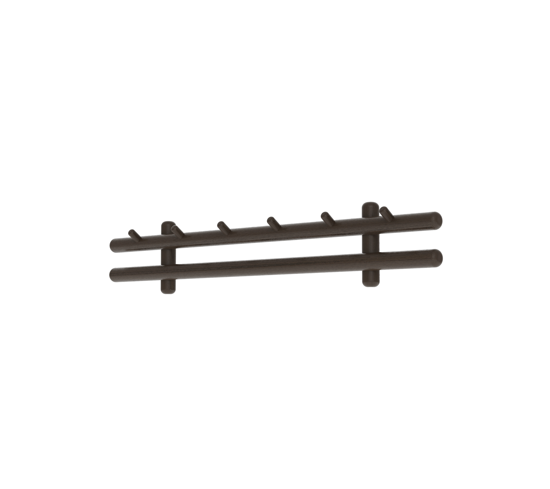 Donkerbruine wandgemonteerde kapstok met meerdere haken voor het ophangen van items.