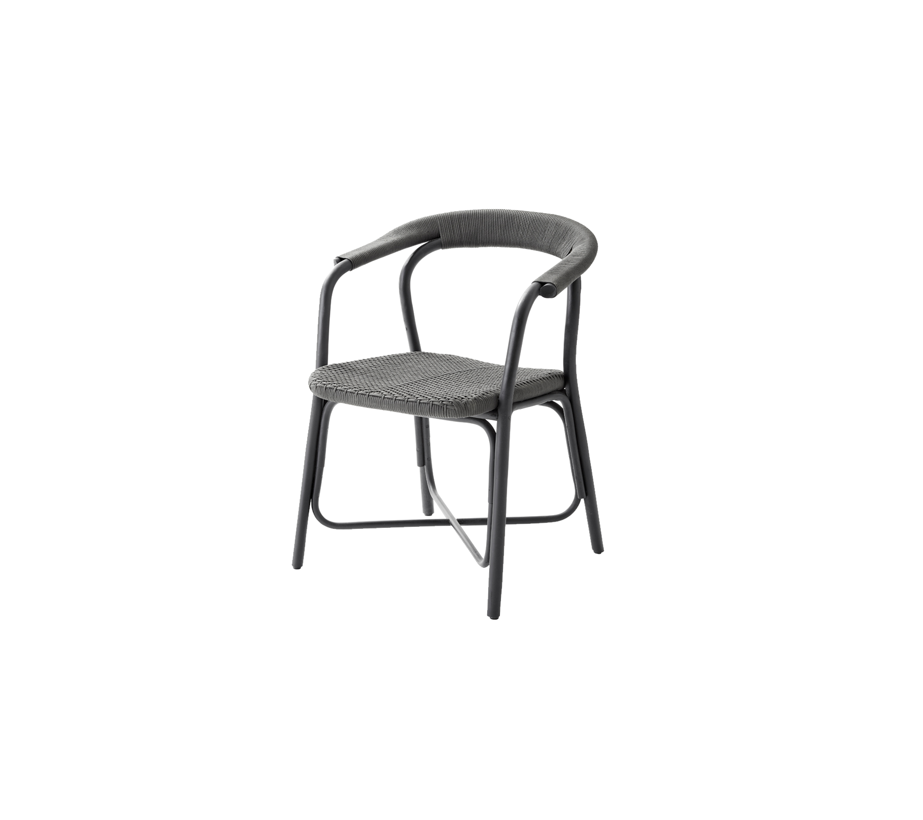 Stylische stoel met een gebogen rugleuning en armleuningen, met een geweven zitontwerp en een stevige constructie, perfect voor moderne zitbehoeften.