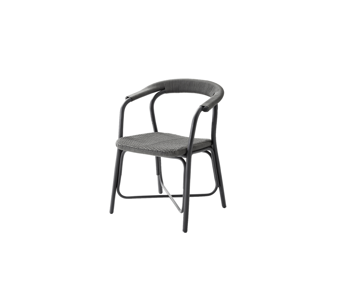 Stylische stoel met een gebogen rugleuning en armleuningen, met een geweven zitontwerp en een stevige constructie, perfect voor moderne zitbehoeften.