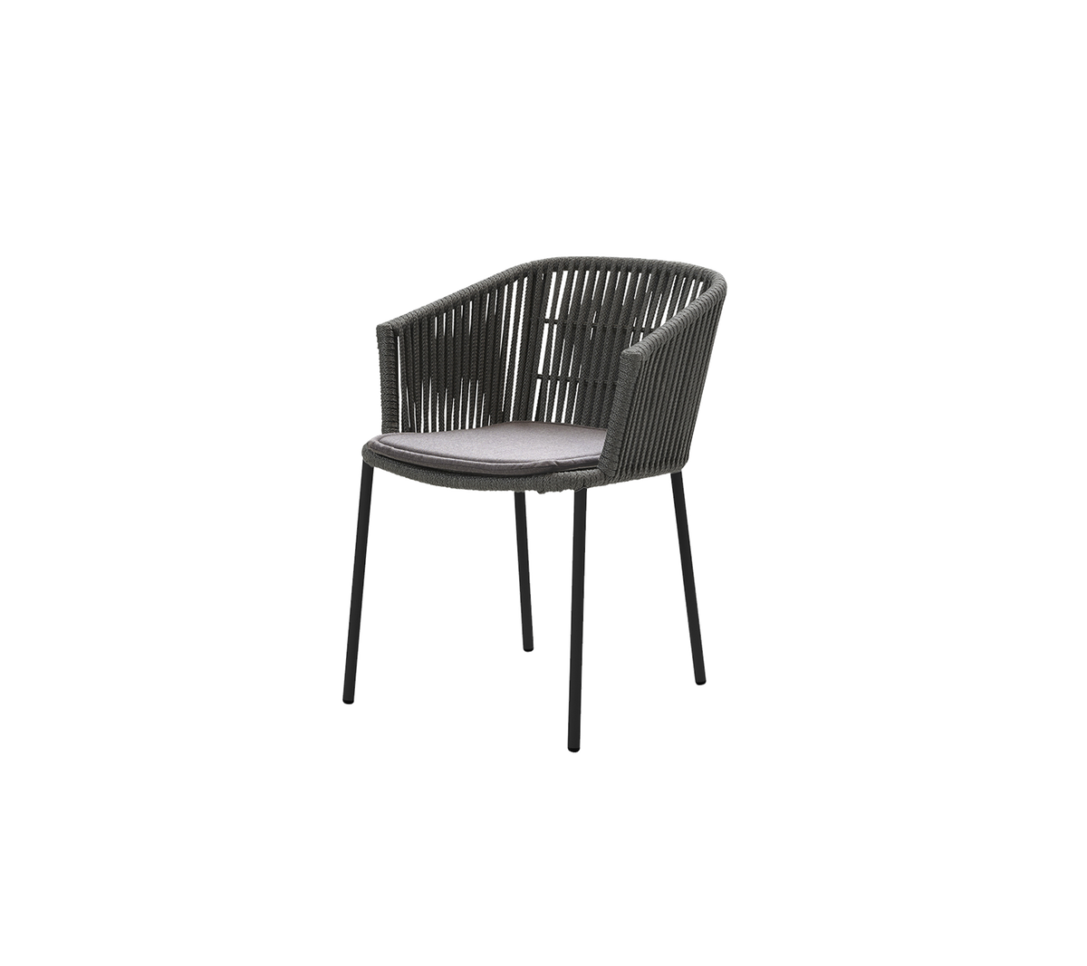 Stijlvolle stoel met een geweven ontwerp, voorzien van een comfortabele kussen en slanke poten, perfect voor casual zitten.