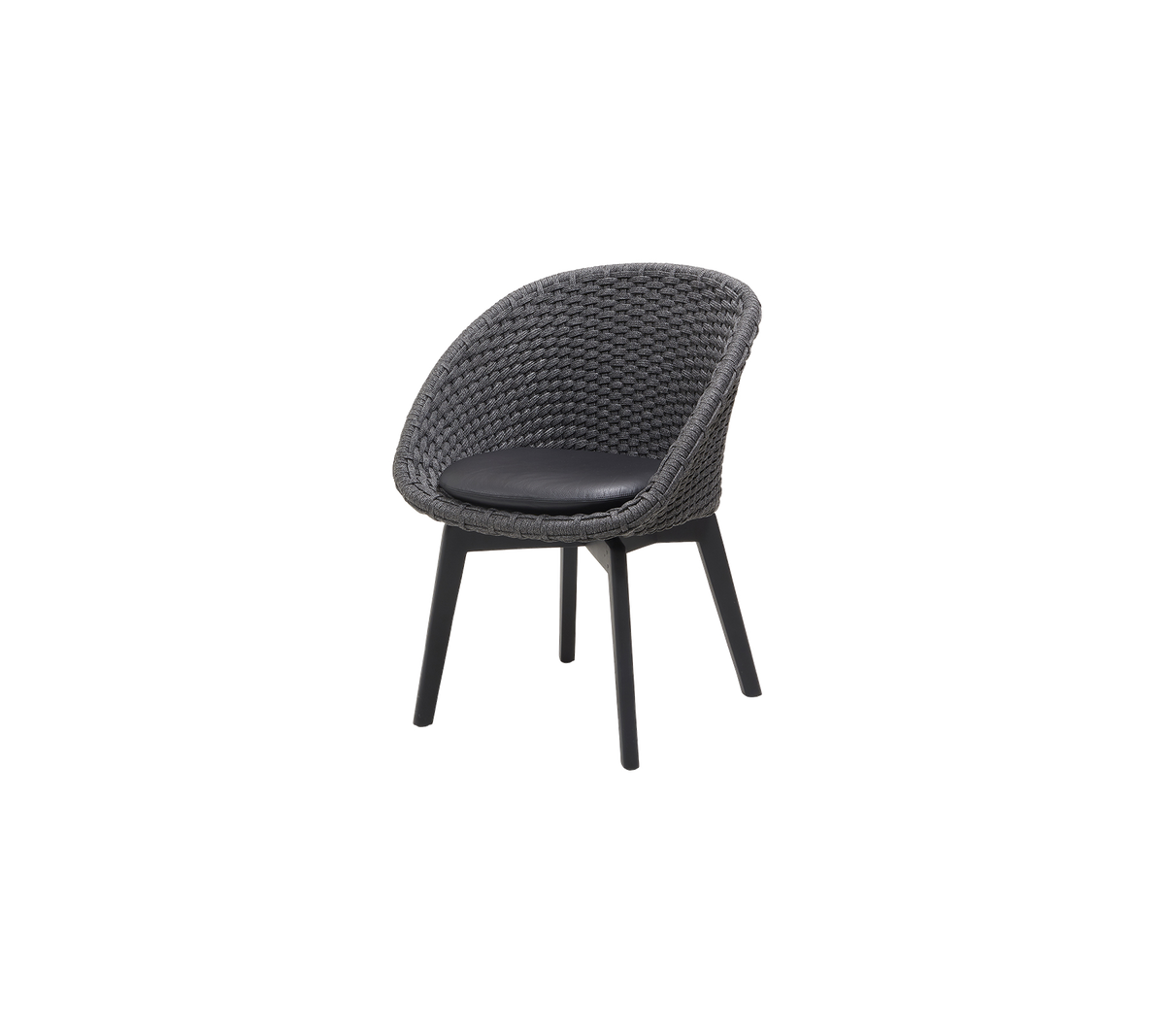 Stijlvolle stoel met een rond geweven zitting en een zwarte gewatteerde oppervlakte, ondersteund door slanke poten voor modern zitten.