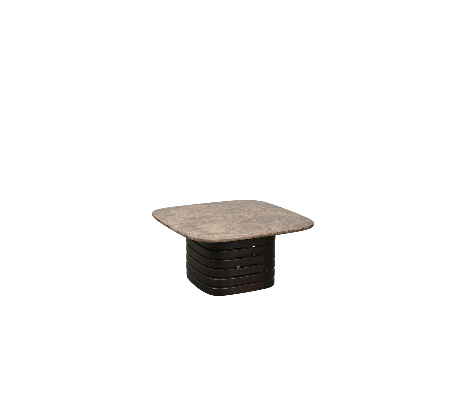 Vierkante donkerbruine tafel met een Emperador-oppervlak.