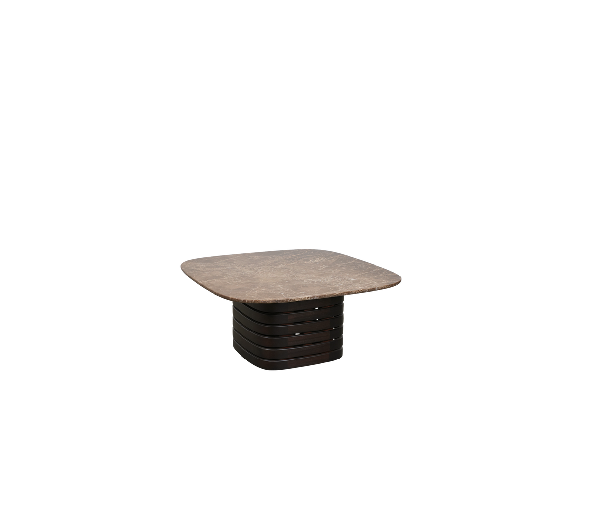 Donkerbruin tafel met een minimalistisch ontwerp en een vierkante bovenkant.