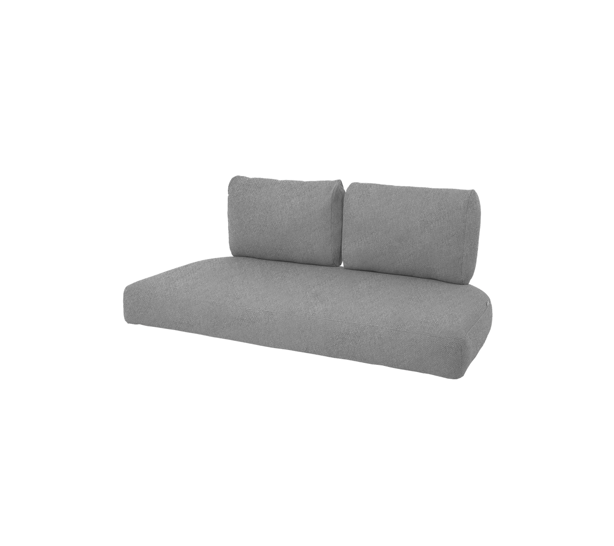 Een moderne grijze bank met twee rugkussens, met een minimalistisch ontwerp dat geschikt is voor verschillende woonruimtes.