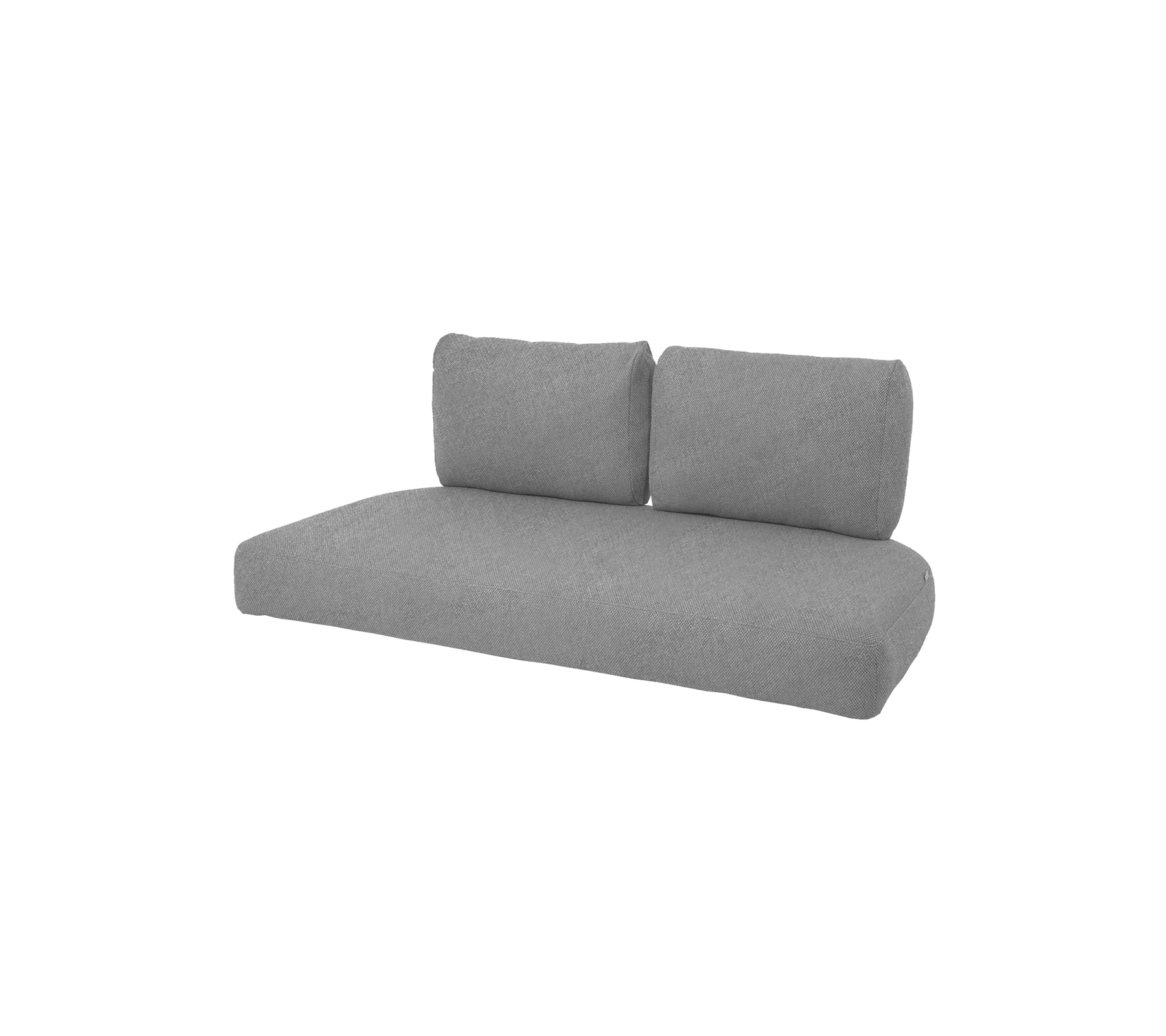 Een moderne grijze bank met twee rugkussens, met een minimalistisch ontwerp dat geschikt is voor verschillende woonruimtes.