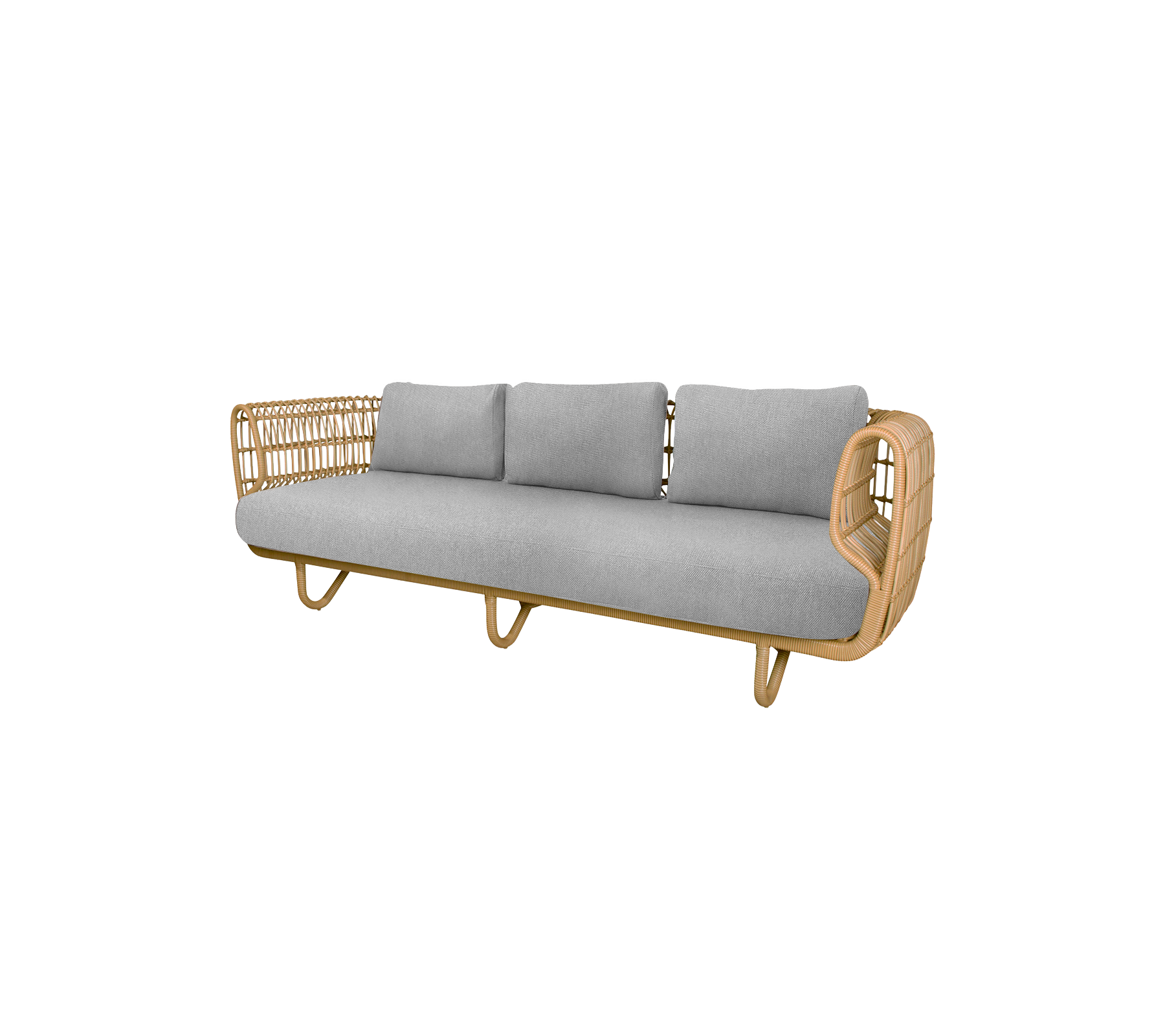 Stijlvolle bank met een natuurlijk houten frame en zachte grijze kussens, perfect om comfort en elegantie aan elke ruimte toe te voegen.