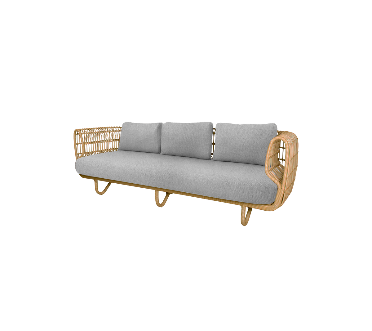Stijlvolle bank met een natuurlijk houten frame en zachte grijze kussens, perfect om comfort en elegantie aan elke ruimte toe te voegen.