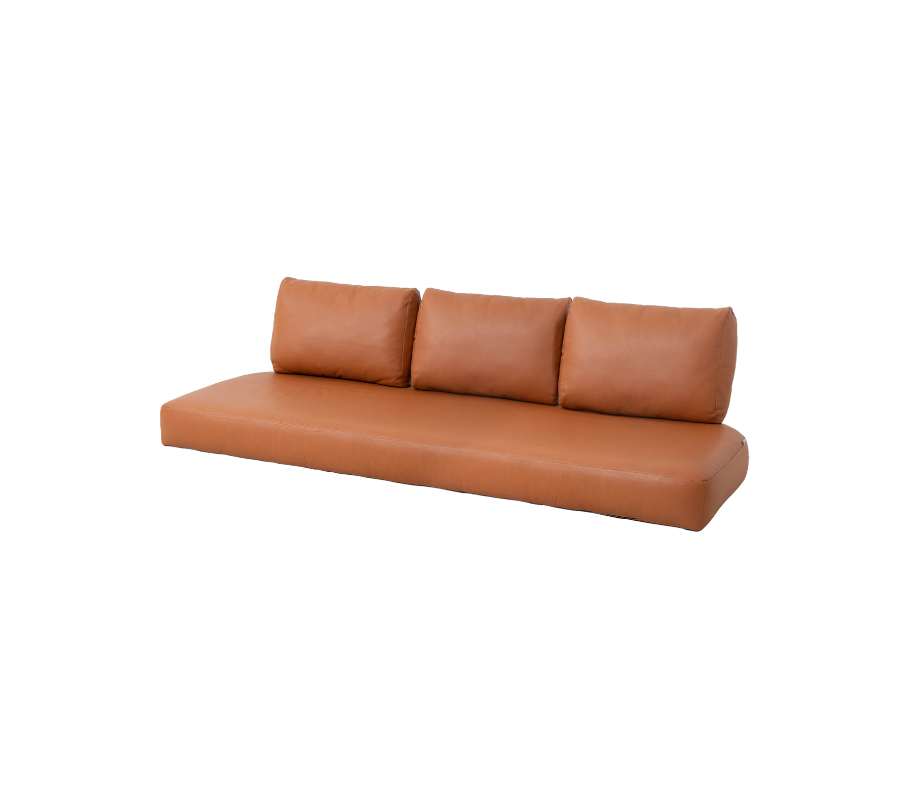 Moderne tankleurige bank met drie rugkussens, met een strak design en minimalistische stijl, perfect voor elke hedendaagse ruimte.