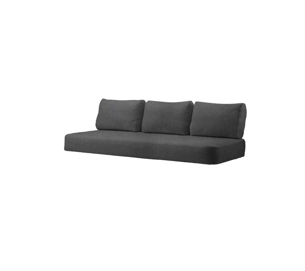 Moderne donkergrijze bank met drie kussens, ontworpen voor hedendaagse woonruimten. Comfort en stijl gecombineerd.