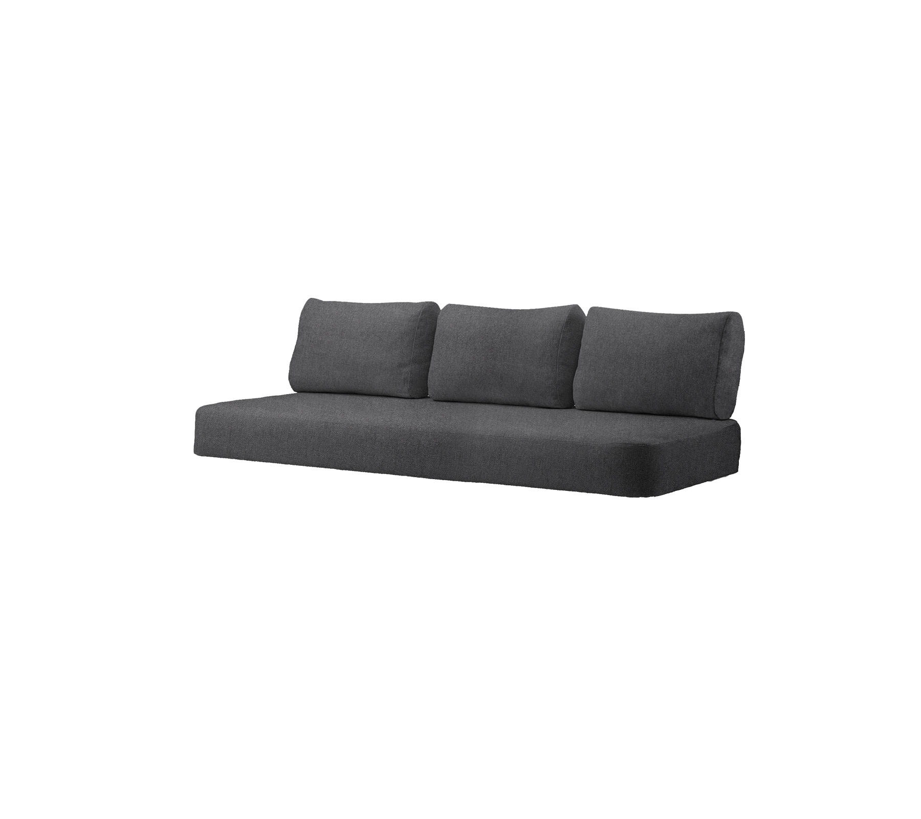Moderne donkergrijze bank met drie kussens, ontworpen voor hedendaagse woonruimten. Comfort en stijl gecombineerd.
