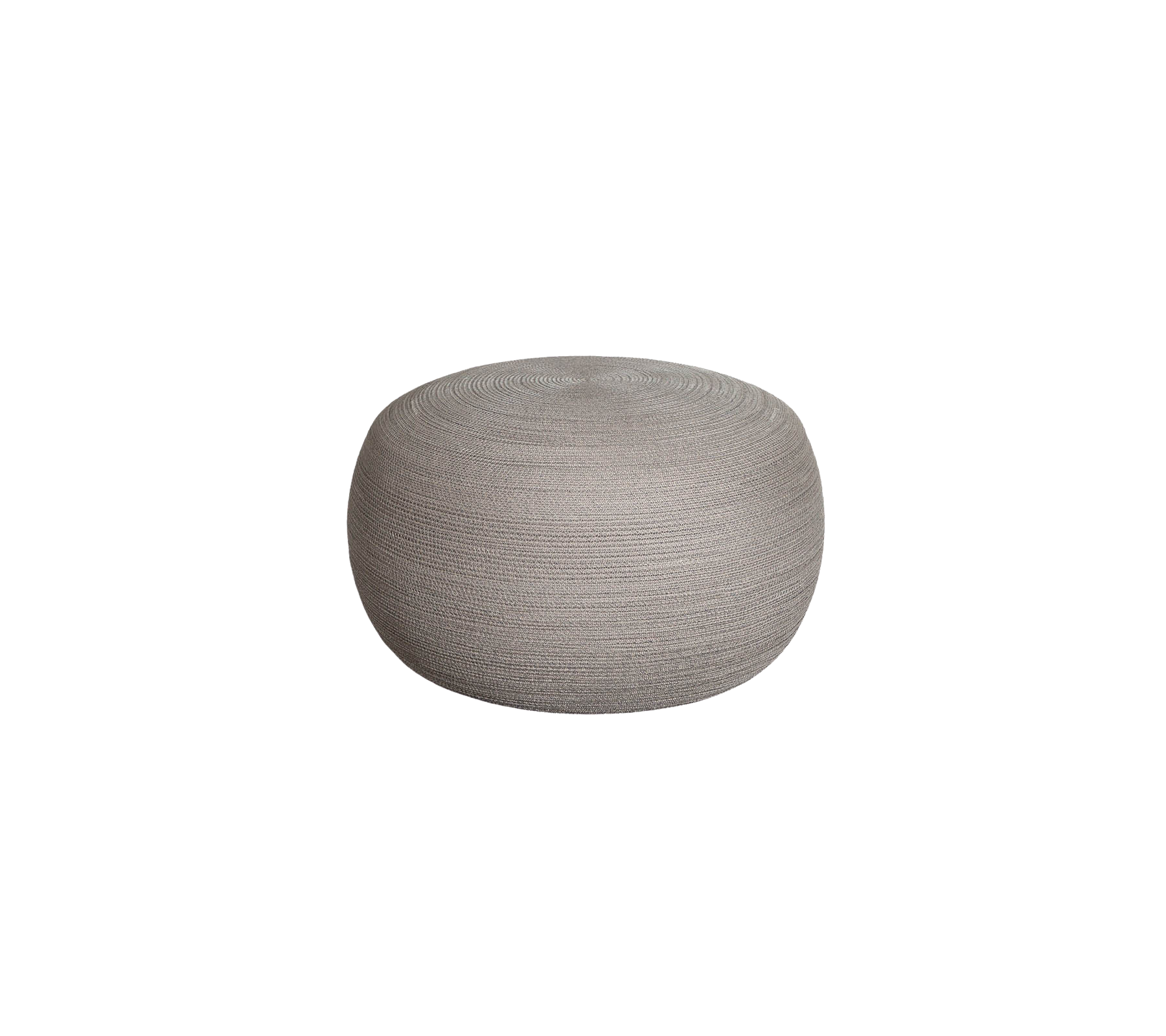 Ronde, gestructureerde pouf in een zachte grijze kleur, ideaal als accentzitting of als decoratief element in verschillende ruimtes.