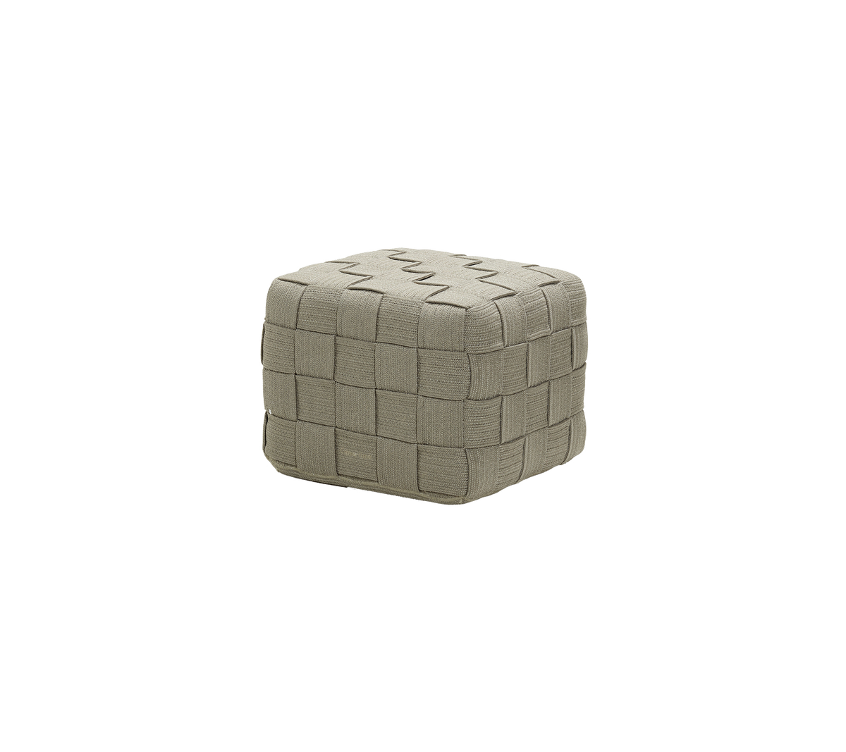 Een vierkante, gestructureerde pouf met een geweven patroon in een neutrale kleur, geschikt voor verschillende interieurstijlen.