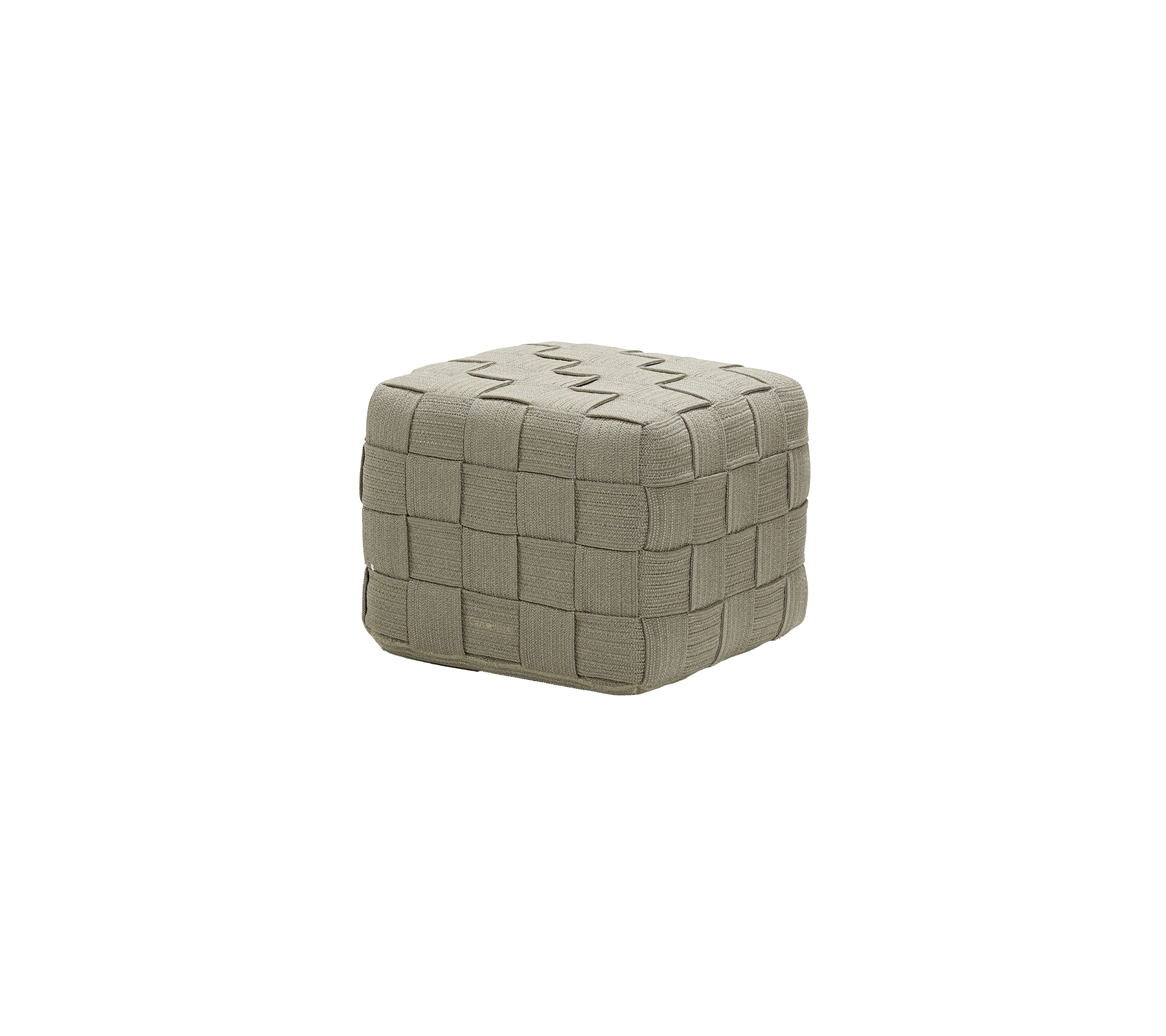 Een vierkante, gestructureerde pouf met een geweven patroon in een neutrale kleur, geschikt voor verschillende interieurstijlen.