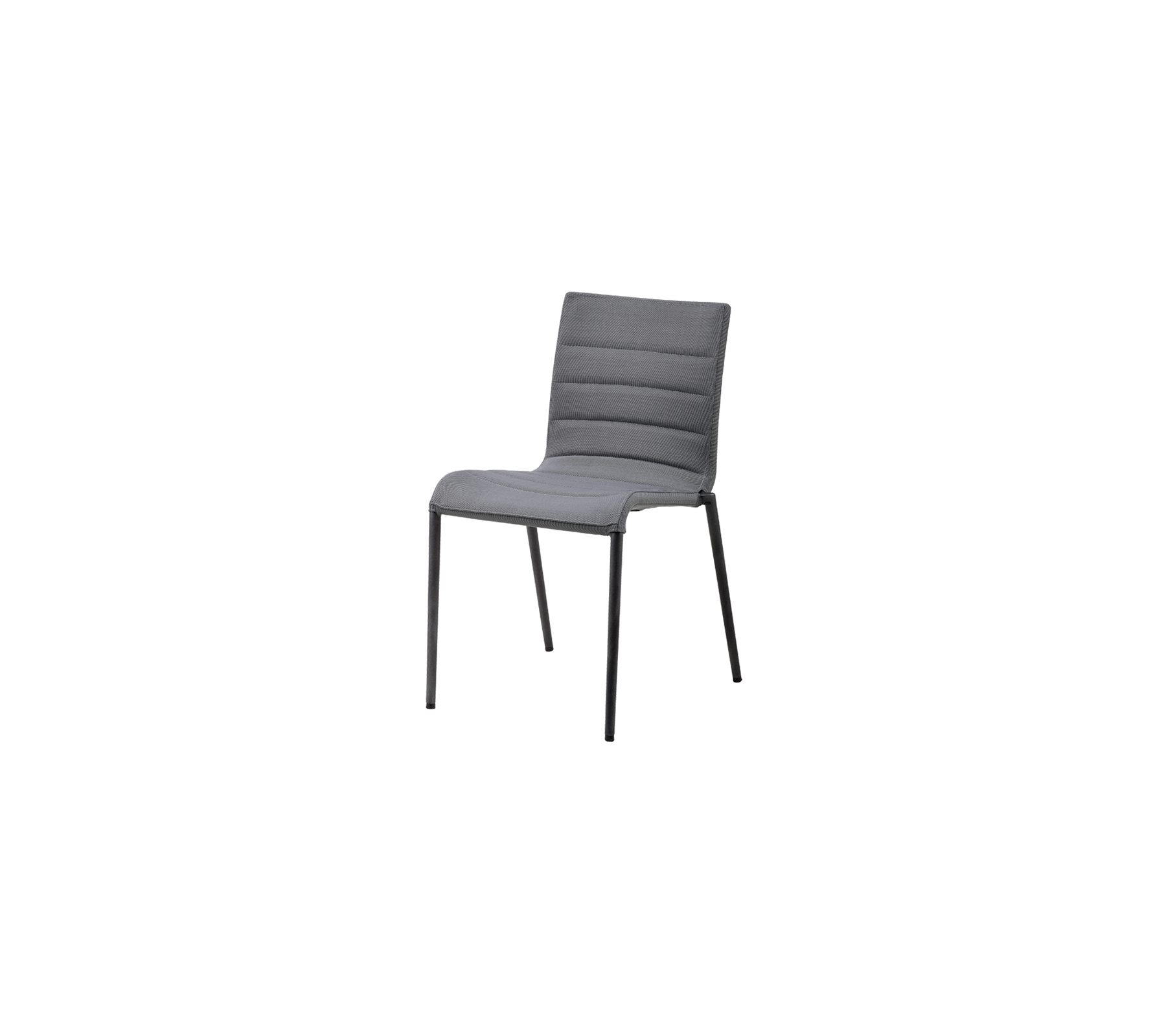 Moderne grijze stoel met een minimalistisch ontwerp, met een gewatteerde zitting en rugleuning voor comfort.