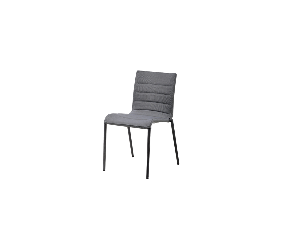 Moderne grijze stoel met een minimalistisch ontwerp, met een gewatteerde zitting en rugleuning voor comfort.