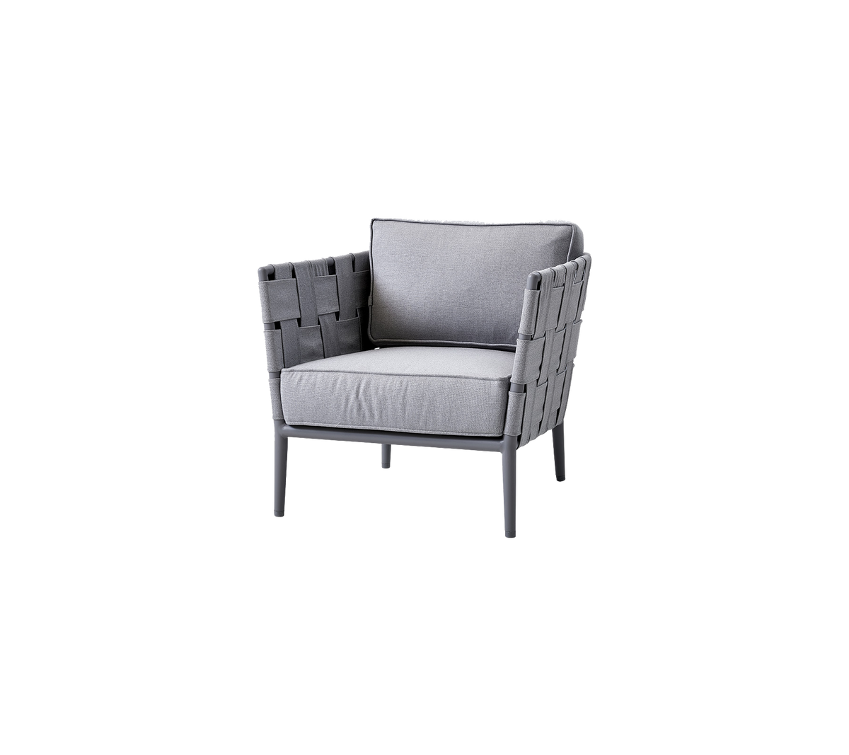 Stijlvolle grijze fauteuil met geweven details en zachte kussens, ontworpen voor comfort en moderne esthetiek. Perfect voor elke setting.