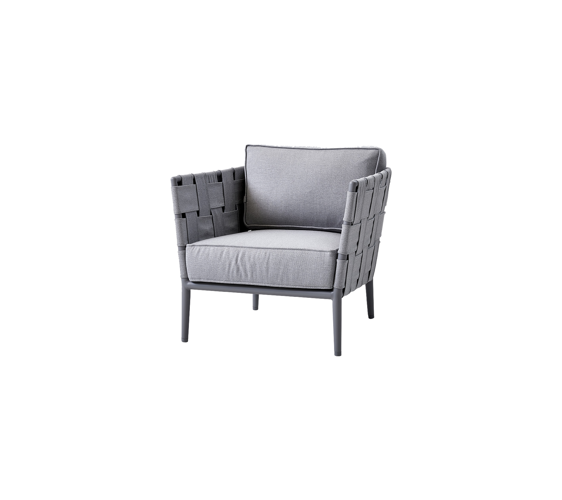 Stijlvolle grijze fauteuil met geweven details en zachte kussens, ontworpen voor comfort en moderne esthetiek. Perfect voor elke setting.