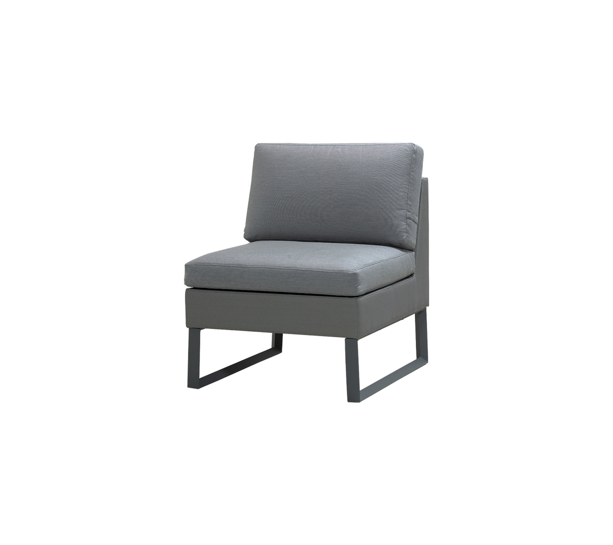 Stijlvolle grijze stoel met een modern ontwerp, voorzien van pluche kussens en een minimalistisch frame voor comfortabel zitten.