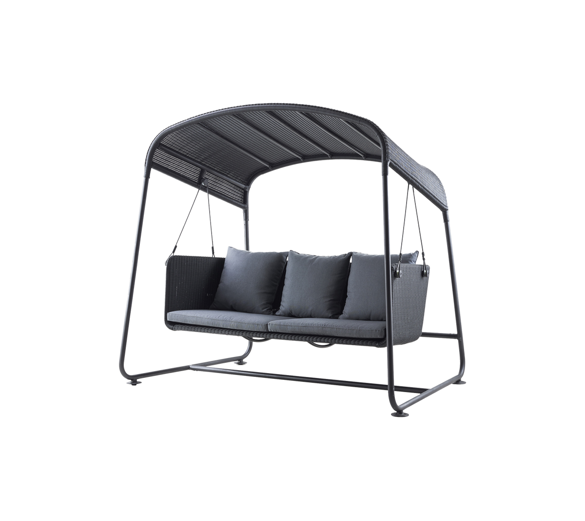 Stijlvolle schommelfauteuil met een gebogen luifel, voorzien van drie zachte zitplaatsen en een stevig frame, perfect voor ontspanning en comfort.