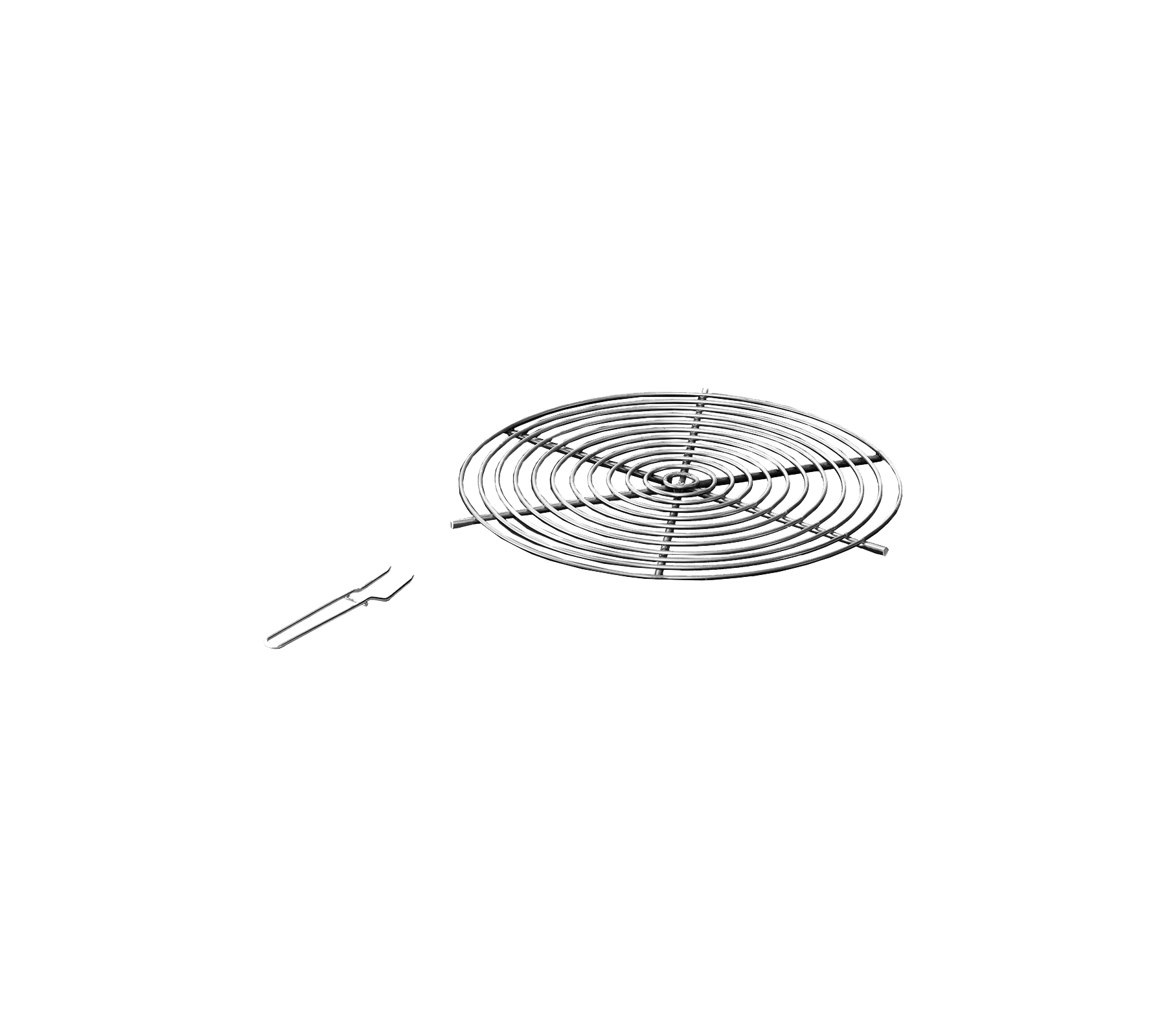 Metalen koelrek met een spiraalontwerp en een paar hefhandvatten voor gemakkelijke verwijdering. Ideaal voor het afkoelen van gebakken goederen.