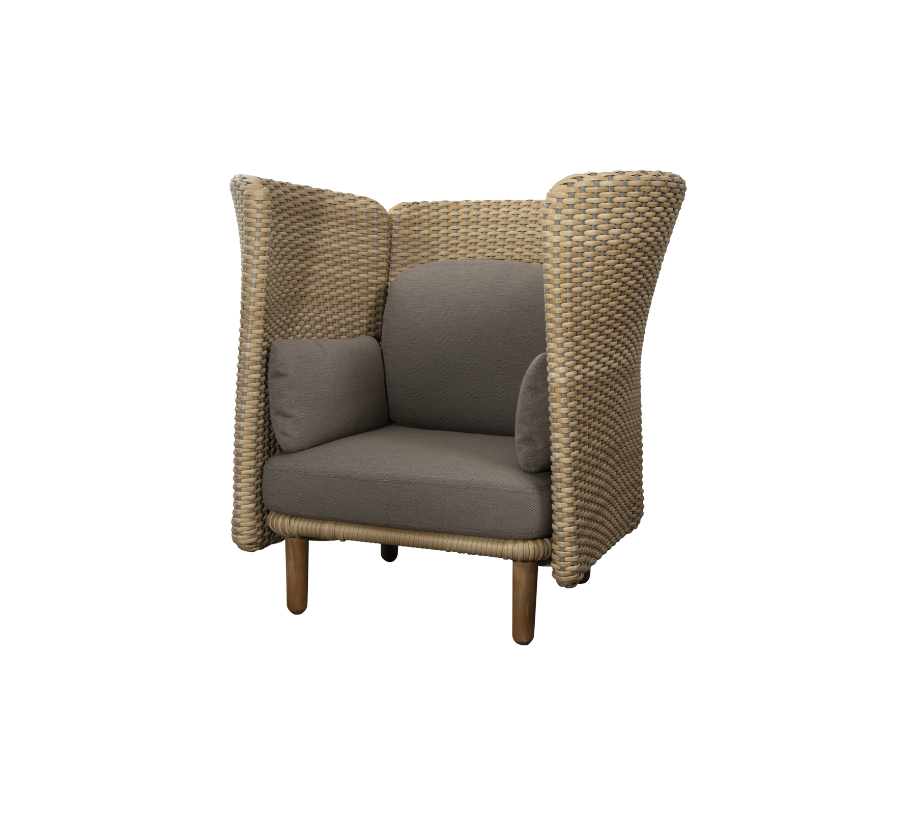 Stijlvolle fauteuil met een geweven ontwerp en zachte grijze kussens, met hoge zijden voor extra comfort en privacy.