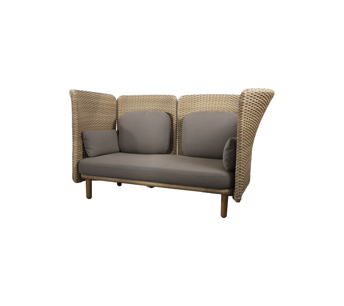 Stijlvolle loungebank met gevlochten zijkanten en zachte grijze kussens, ontworpen voor comfort en moderne esthetische aantrekkingskracht.
