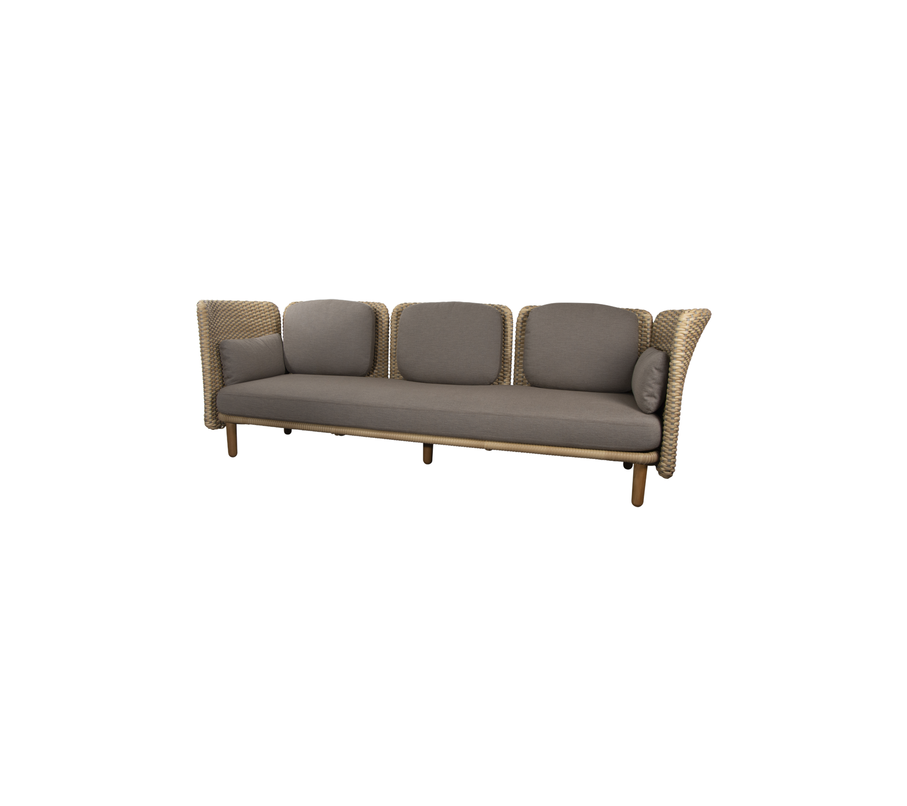 Een stijlvolle, vierzitsbank met een geweven ontwerp en zachte, neutraalgekleurde kussens voor comfort en elegantie.
