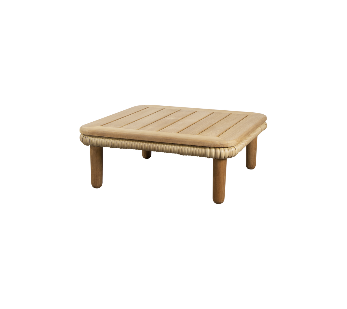 Een eenvoudig, vierkant tafel met een gegroefd blad en afgeronde randen, ondersteund door vier stevige poten. Perfect voor verschillende instellingen.