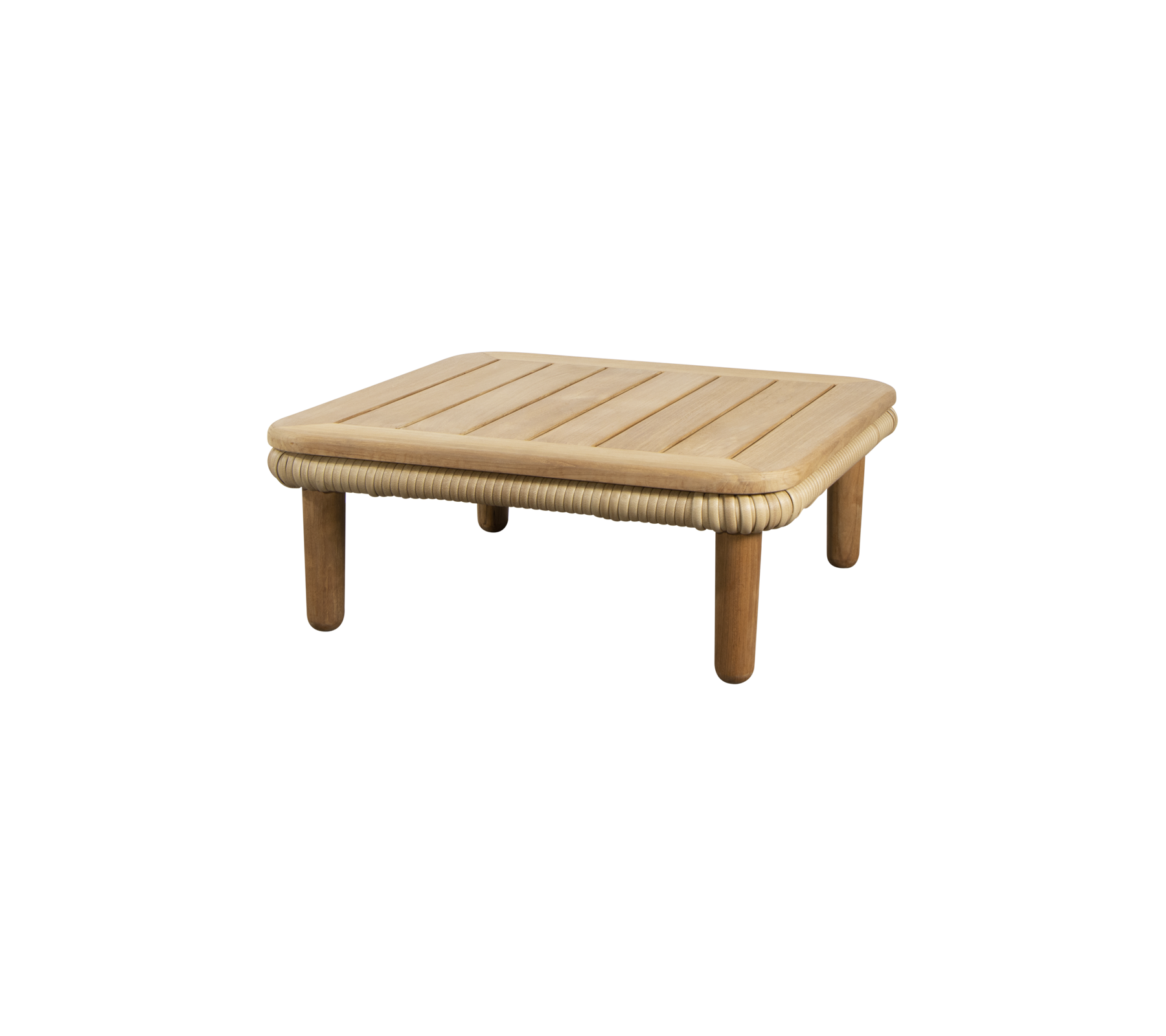 Een eenvoudig, vierkant tafel met een gegroefd blad en afgeronde randen, ondersteund door vier stevige poten. Perfect voor verschillende instellingen.